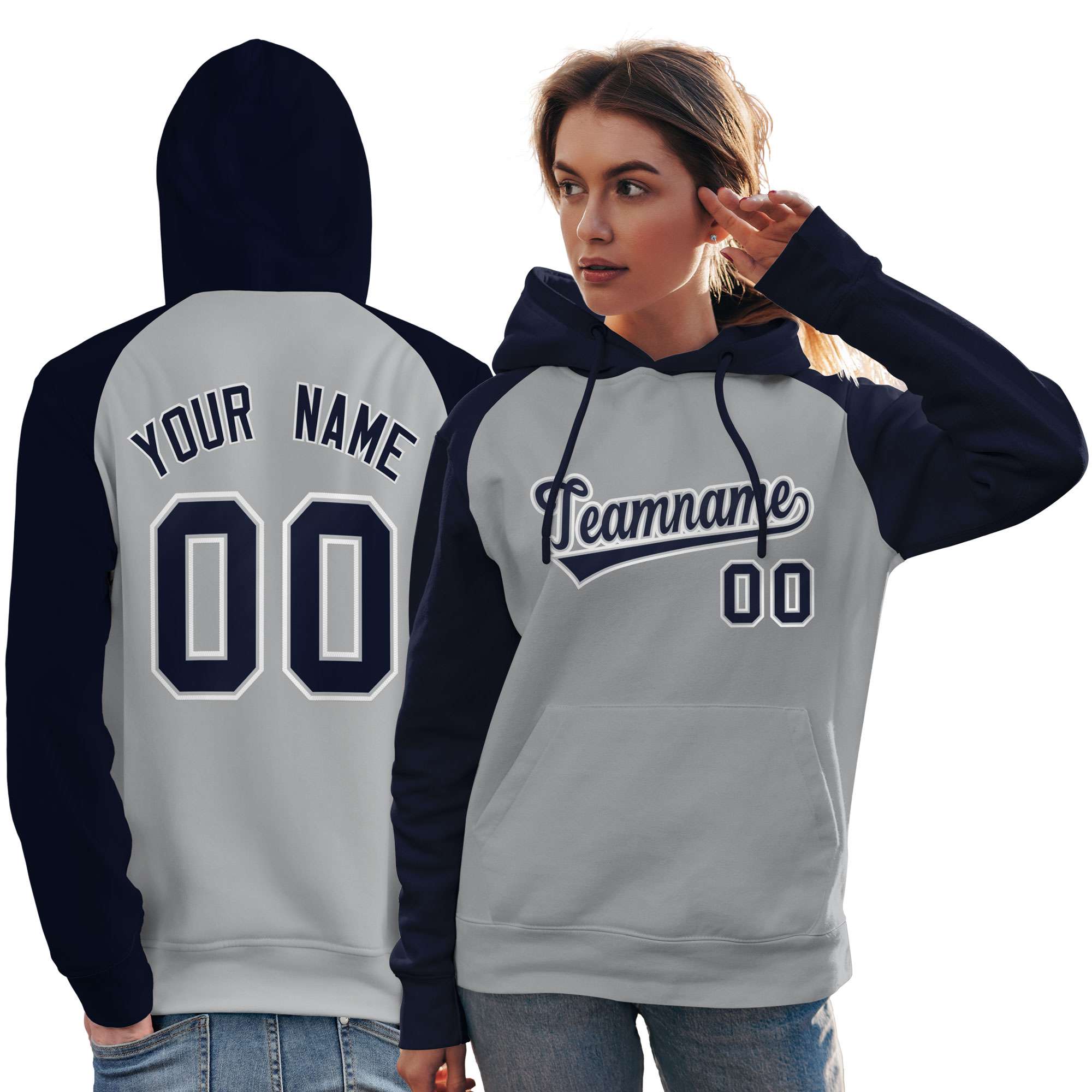 Custom Stitched Gray Navy Raglan Sleeves Sports Pullover Sweatshirt Hoodie For Women