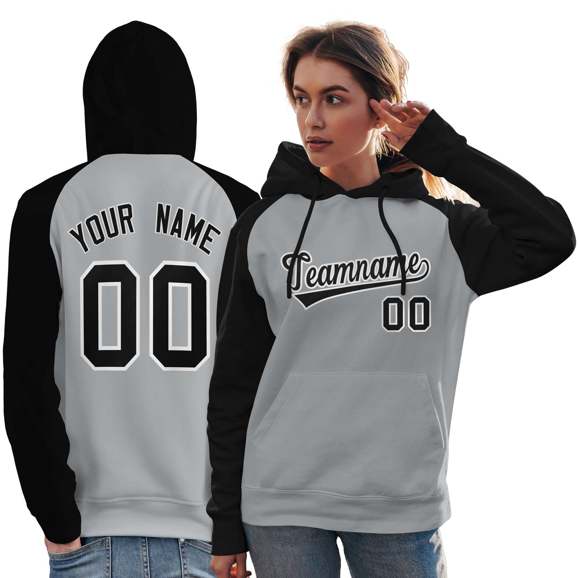 Custom Stitched Gray Black Raglan Sleeves Sports Pullover Sweatshirt Hoodie For Women