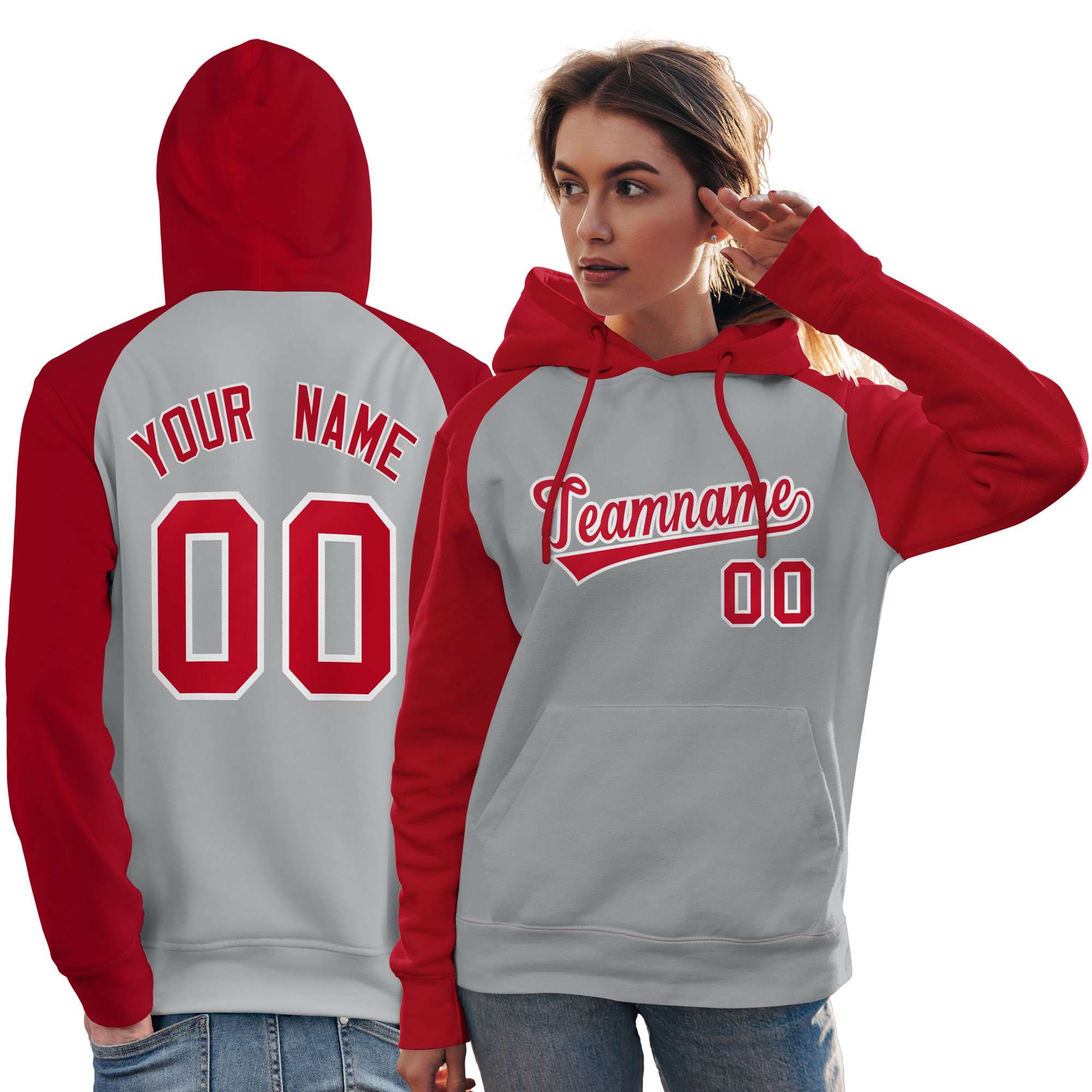 Custom Stitched Gray Red Raglan Sleeves Sports Pullover Sweatshirt Hoodie For Women