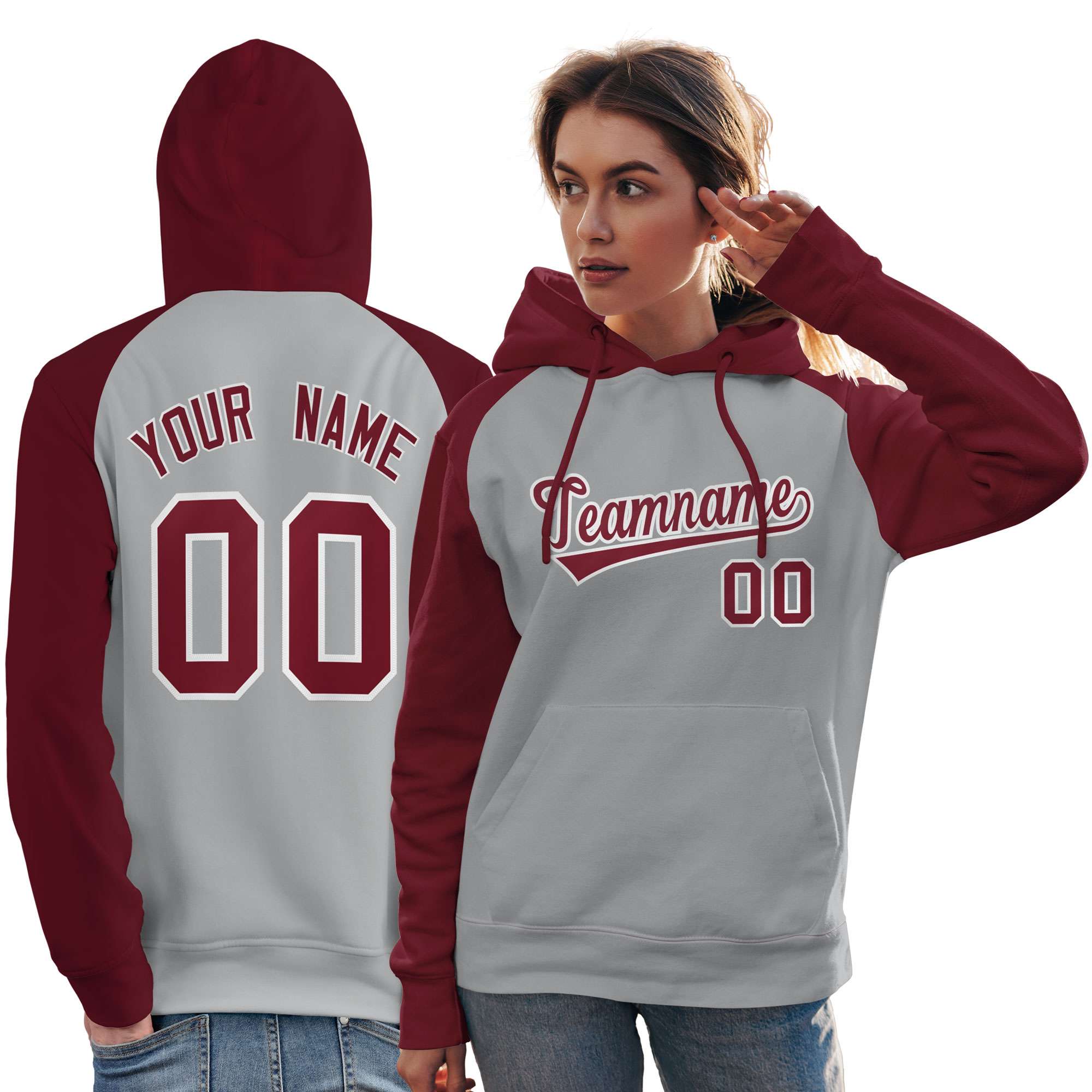 Custom Stitched Gray Crimson Raglan Sleeves Sports Pullover Sweatshirt Hoodie For Women