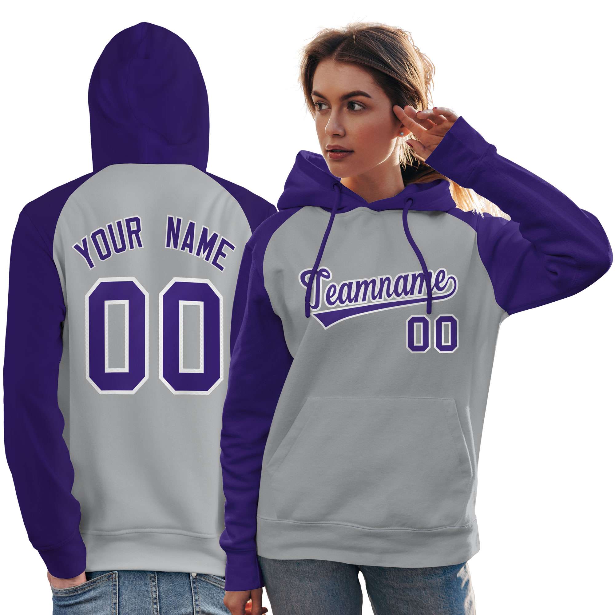 Custom Stitched Gray Purple Raglan Sleeves Sports Pullover Sweatshirt Hoodie For Women