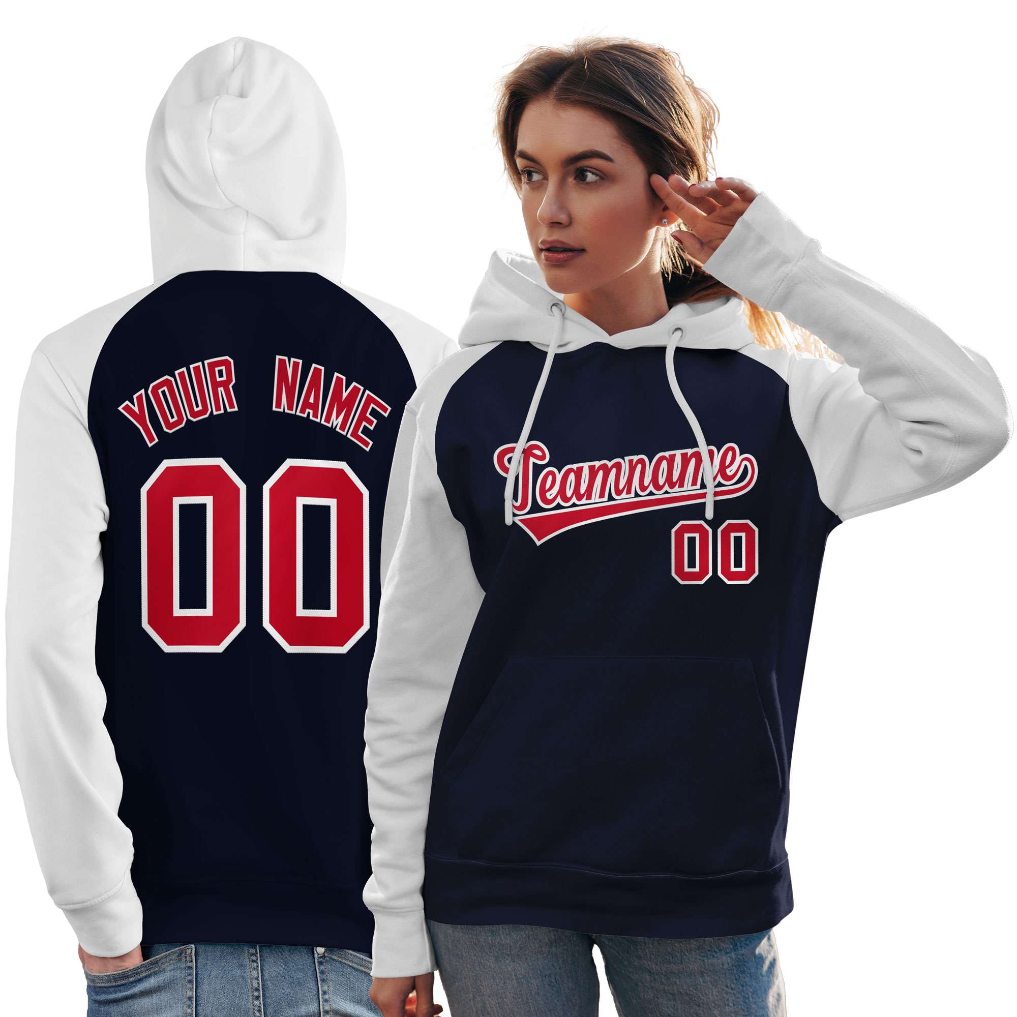 Custom Stitched Navy White-Red Raglan Sleeves Sports Pullover Sweatshirt Hoodie For Women