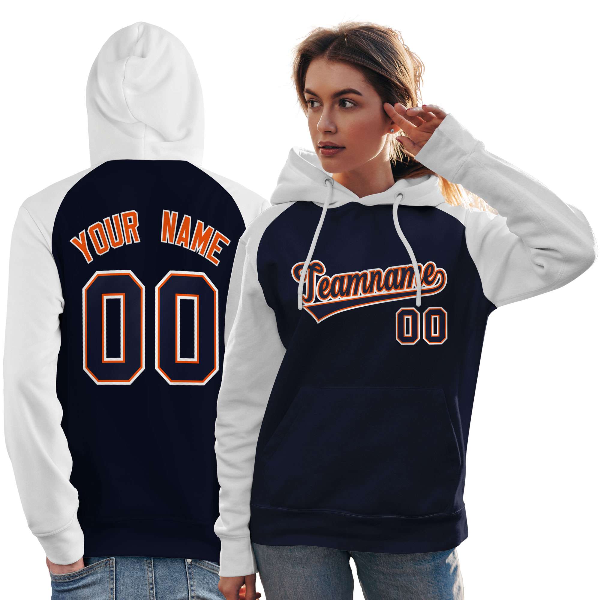 Custom Stitched Navy White Raglan Sleeves Sports Pullover Sweatshirt Hoodie For Women