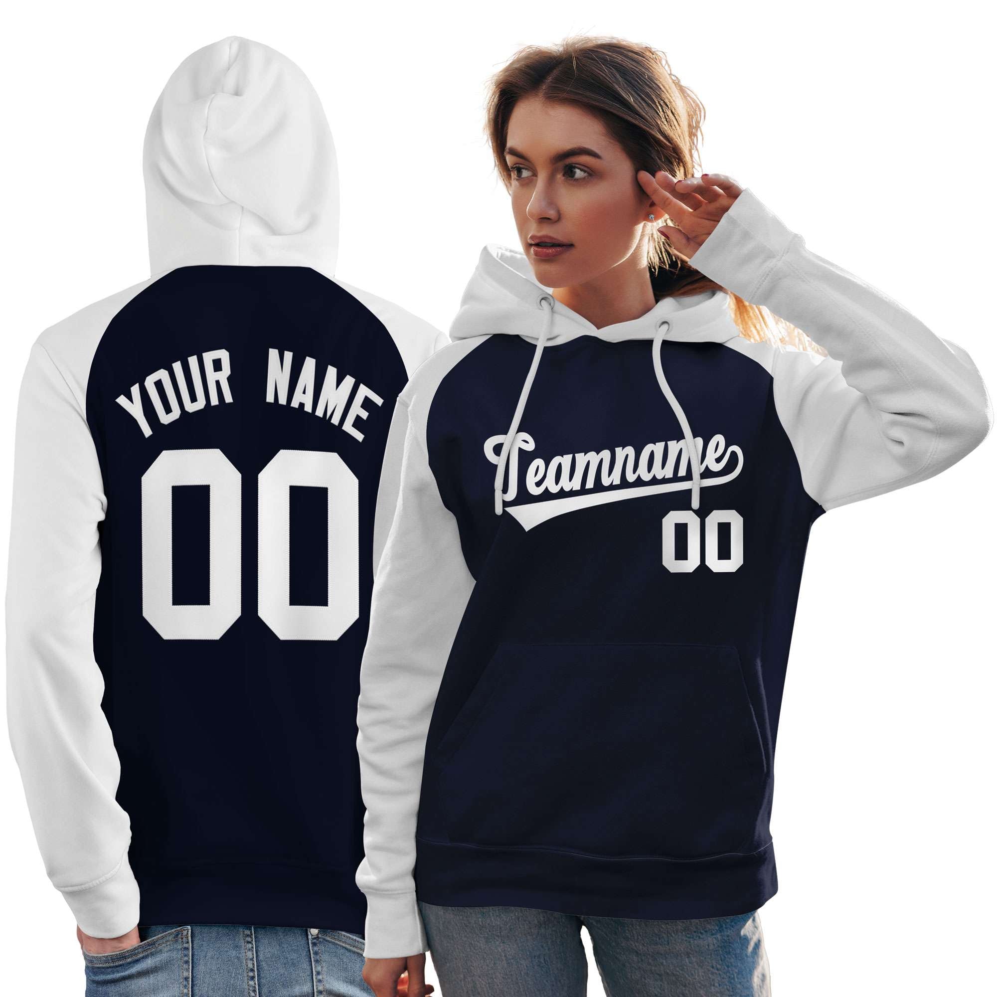 Custom Stitched Navy White Raglan Sleeves Sports Pullover Sweatshirt Hoodie For Women