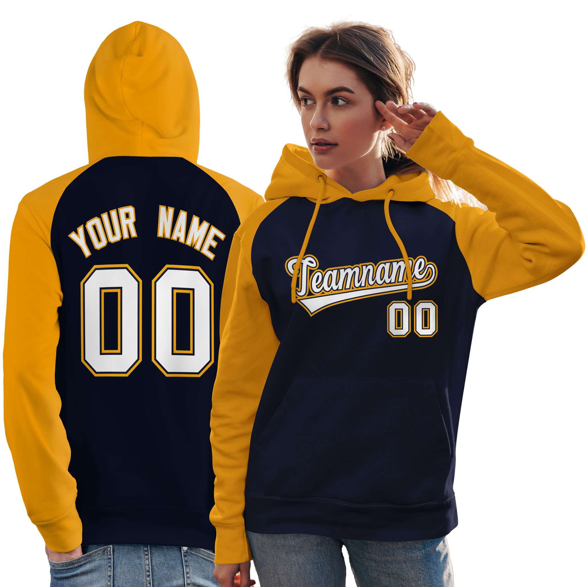 Custom Stitched Navy Gold-White Raglan Sleeves Sports Pullover Sweatshirt Hoodie For Women