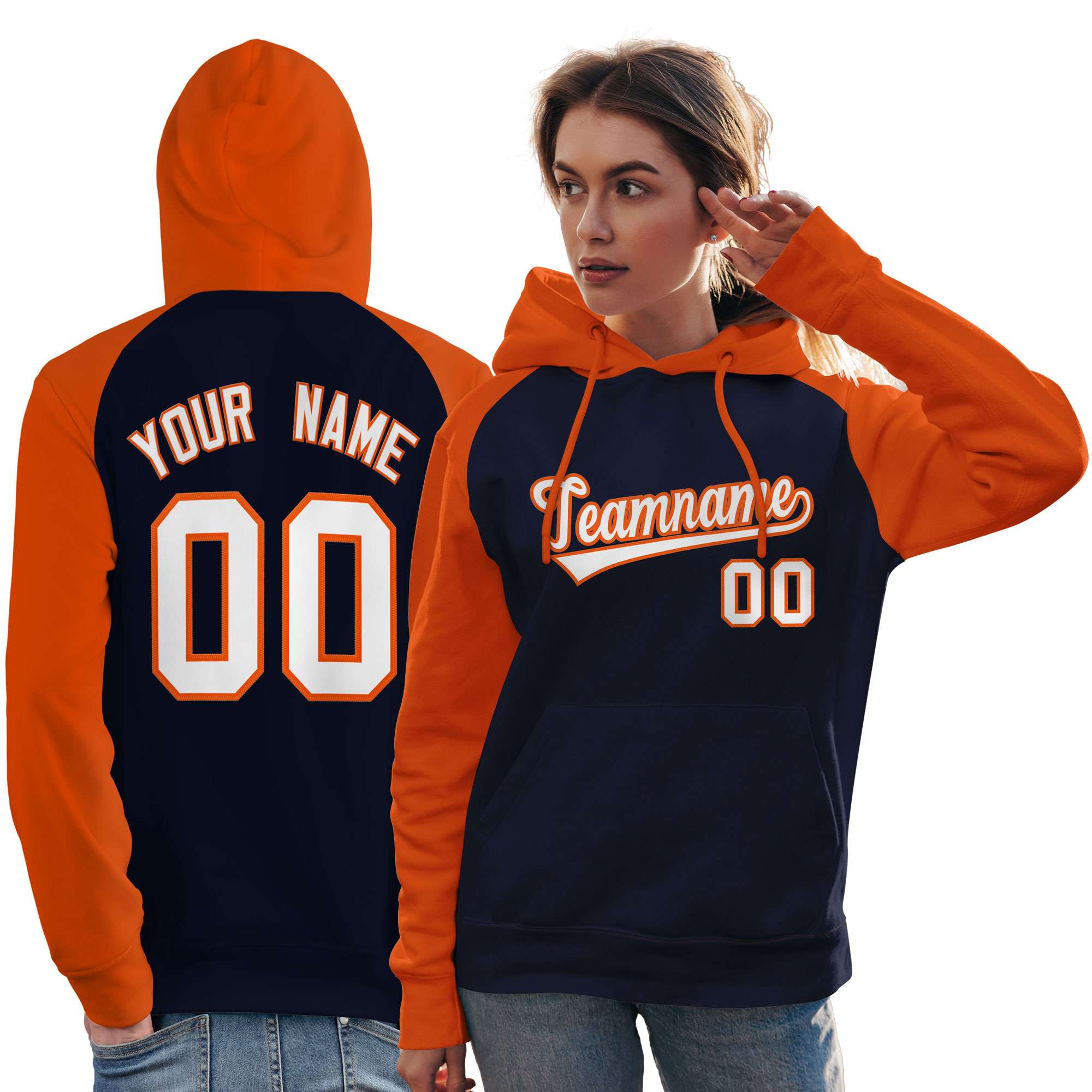 Custom Stitched Navy Orange-White Raglan Sleeves Sports Pullover Sweatshirt Hoodie For Women