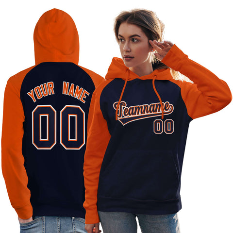 Custom Stitched Navy Orange Raglan Sleeves Sports Pullover Sweatshirt Hoodie For Women