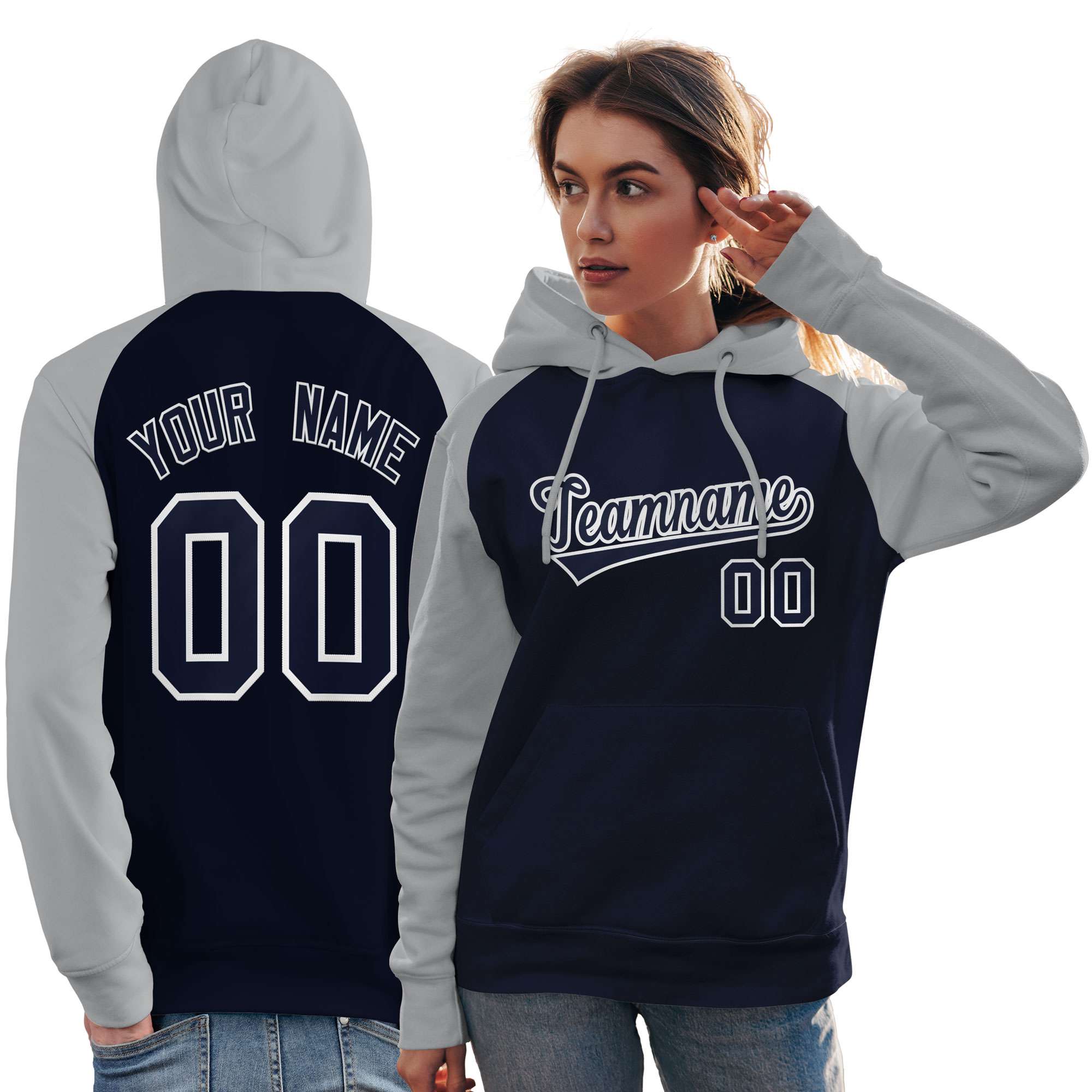 Custom Stitched Navy Gray Raglan Sleeves Sports Pullover Sweatshirt Hoodie For Women