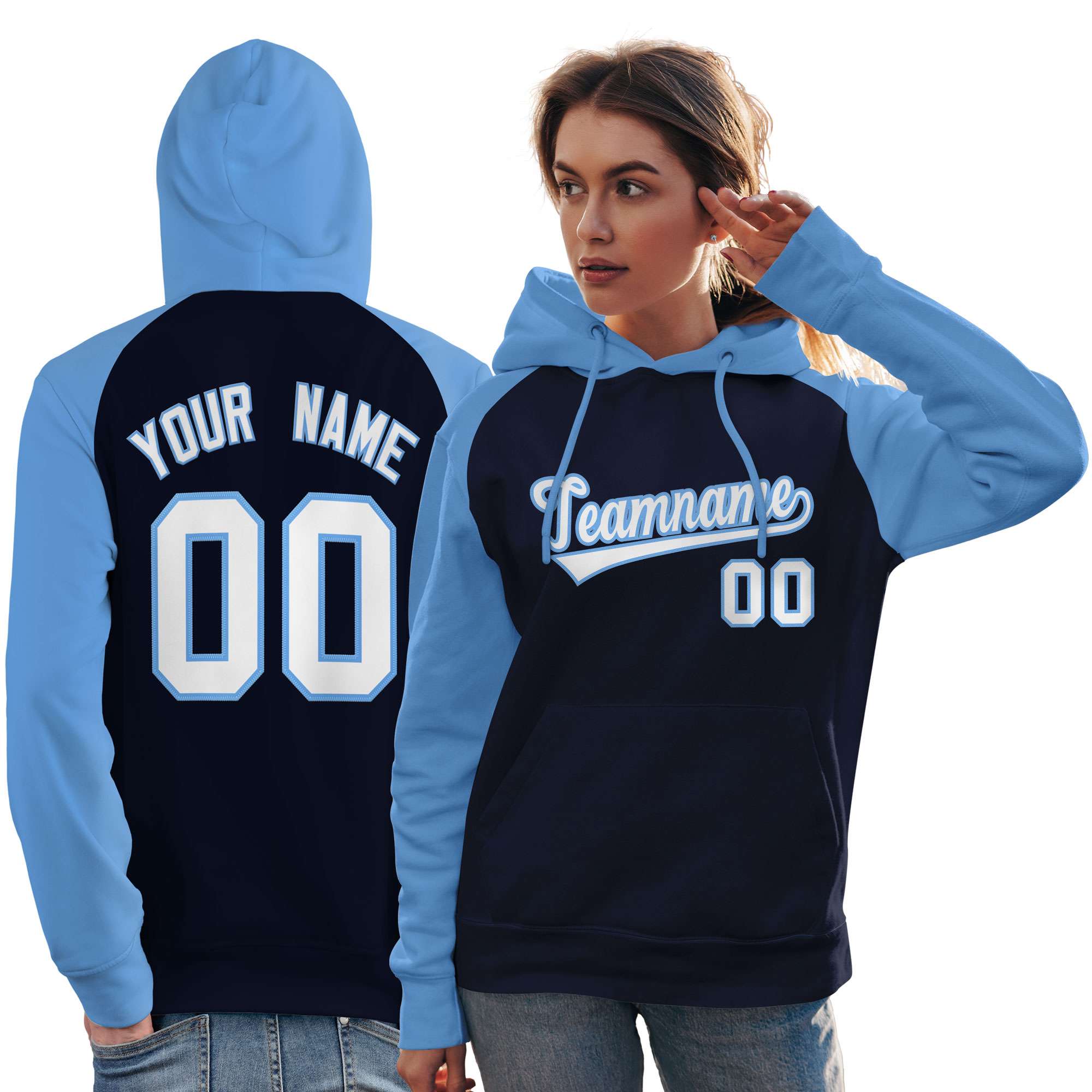 Custom Stitched Navy Powder Blue-White Raglan Sleeves Sports Pullover Sweatshirt Hoodie For Women