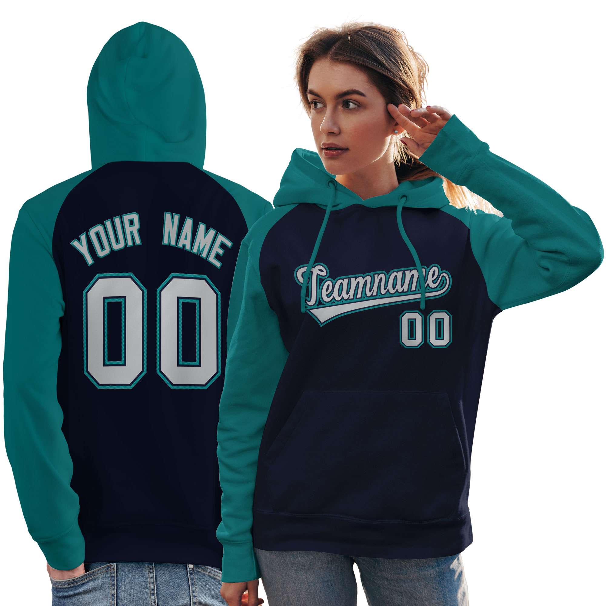 Custom Stitched Navy Aqua-Gray Raglan Sleeves Sports Pullover Sweatshirt Hoodie For Women