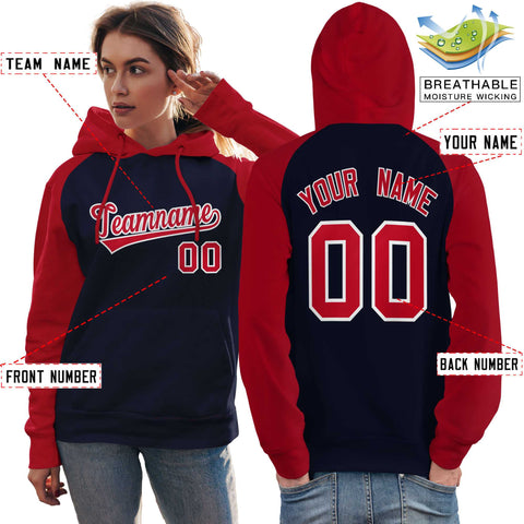Custom Stitched Navy Red Raglan Sleeves Sports Pullover Sweatshirt Hoodie For Women