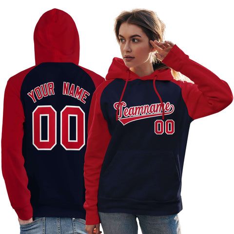 Custom Stitched Navy Red Raglan Sleeves Sports Pullover Sweatshirt Hoodie For Women