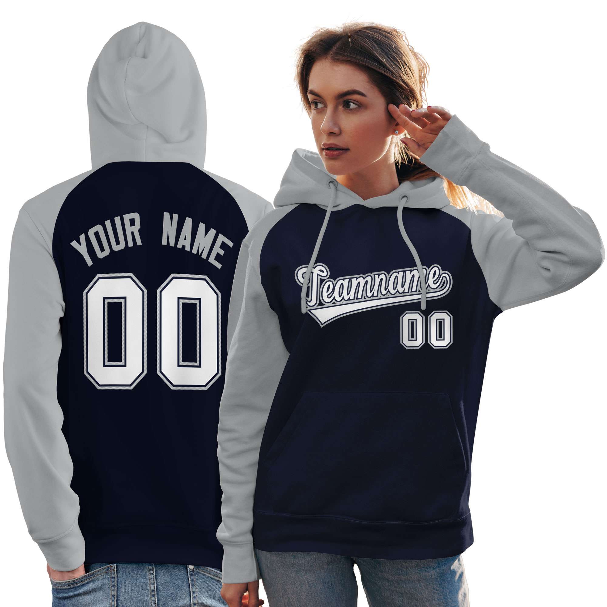 Custom Stitched Navy Gray-White Raglan Sleeves Sports Pullover Sweatshirt Hoodie For Women