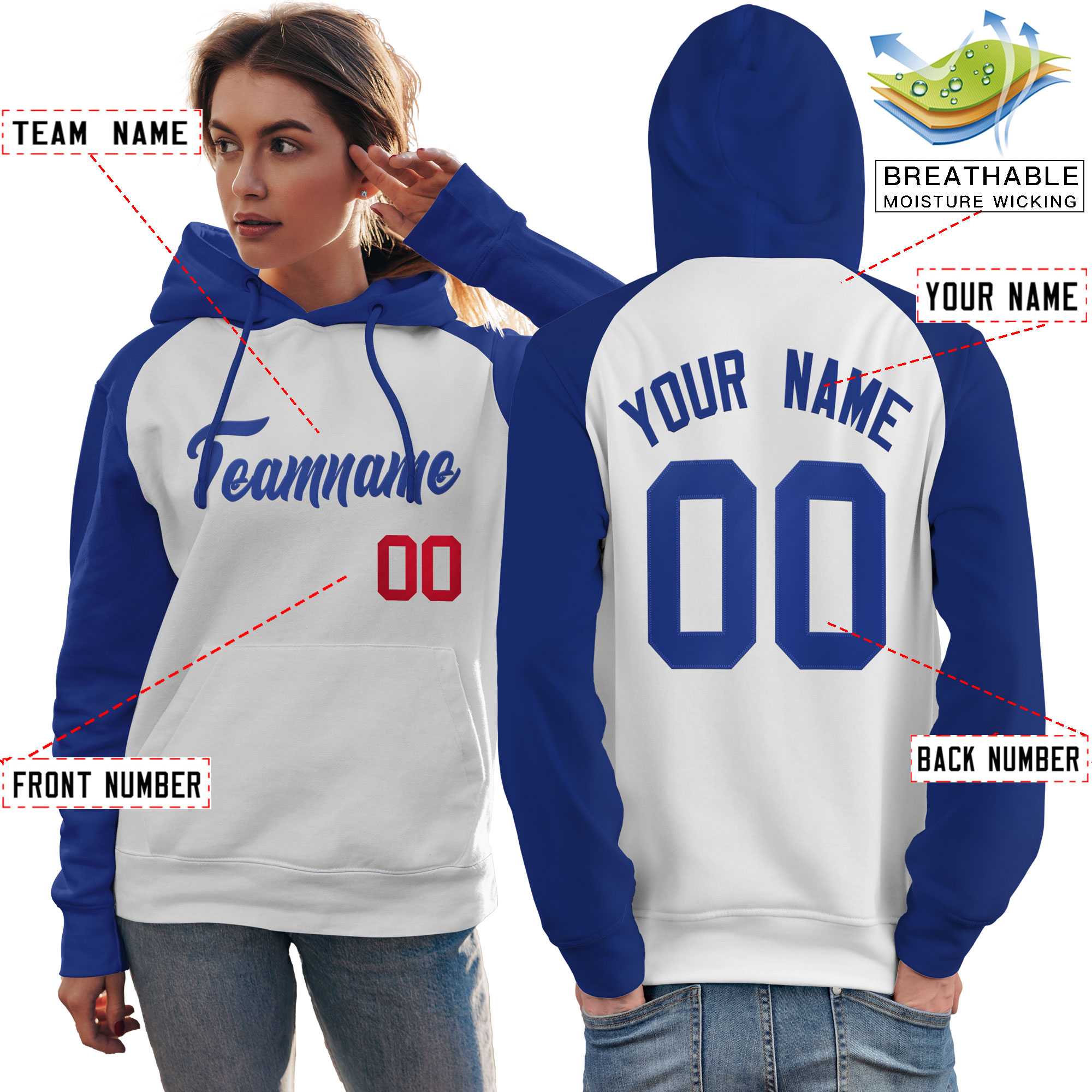 Custom Stitched White Royal Raglan Sleeves Sports Pullover Sweatshirt Hoodie For Women