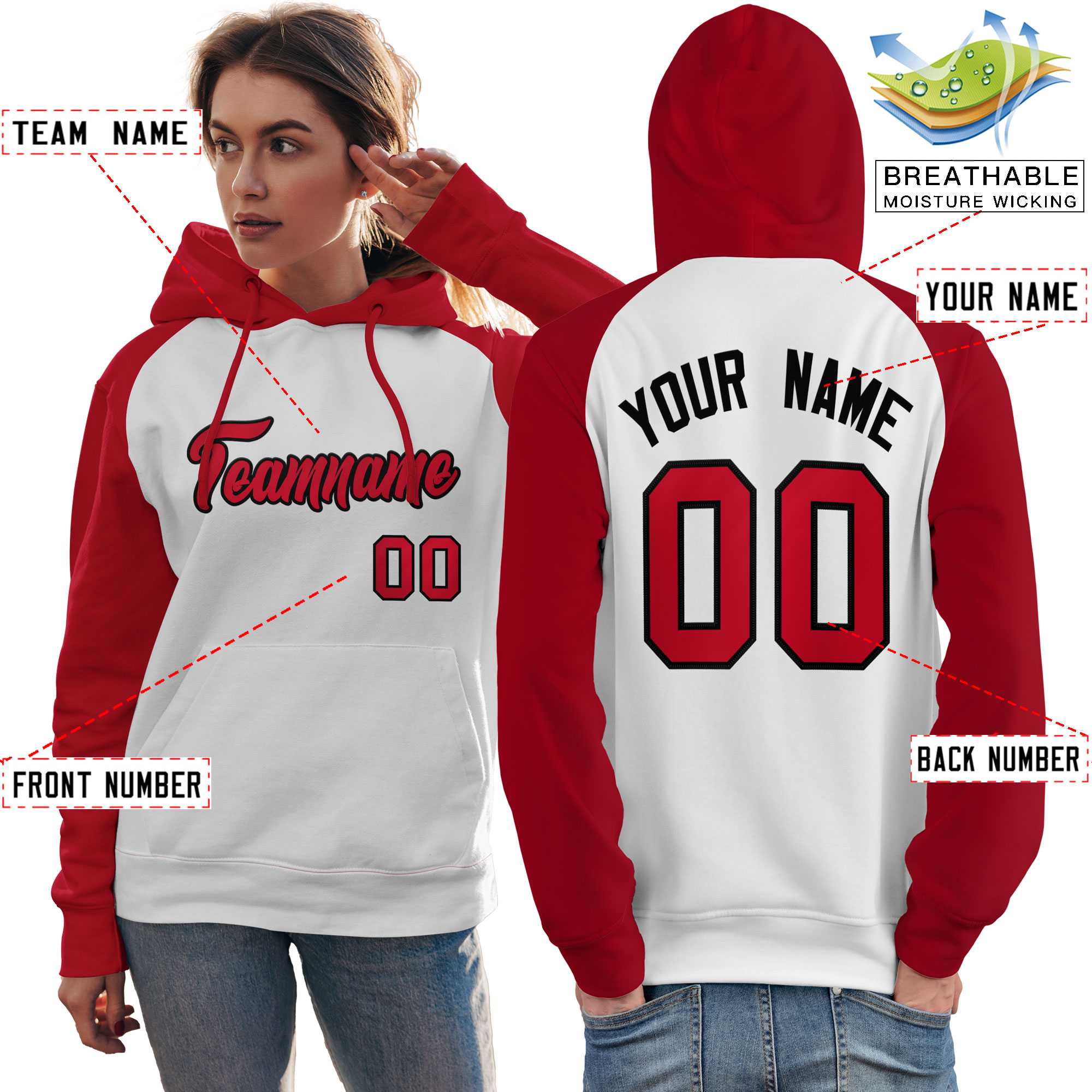 Custom Stitched White Red Raglan Sleeves Sports Pullover Sweatshirt Hoodie For Women