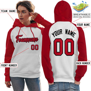 Custom Stitched White Red Raglan Sleeves Sports Pullover Sweatshirt Hoodie For Women