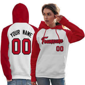 Custom Stitched White Red Raglan Sleeves Sports Pullover Sweatshirt Hoodie For Women