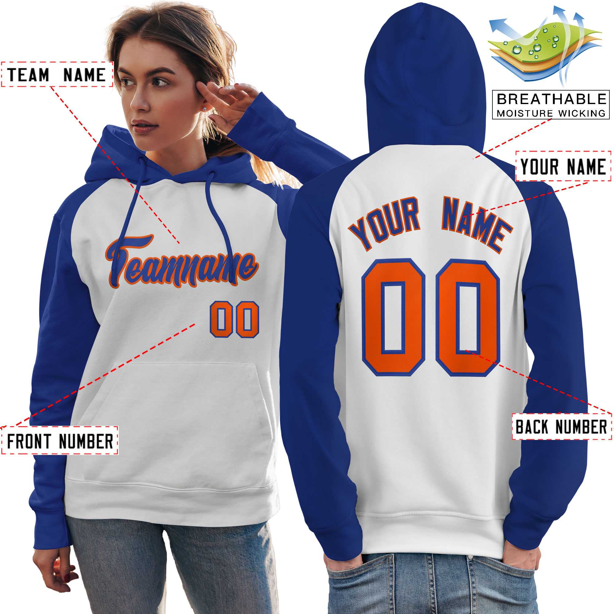 Custom Stitched White Royal Raglan Sleeves Sports Pullover Sweatshirt Hoodie For Women