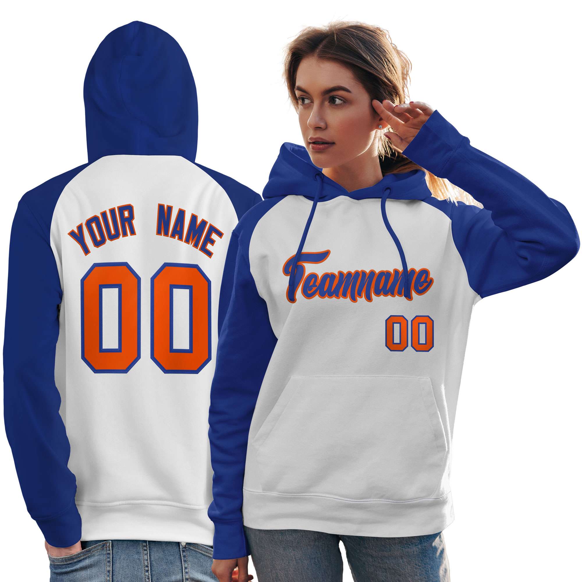 Custom Stitched White Royal Raglan Sleeves Sports Pullover Sweatshirt Hoodie For Women