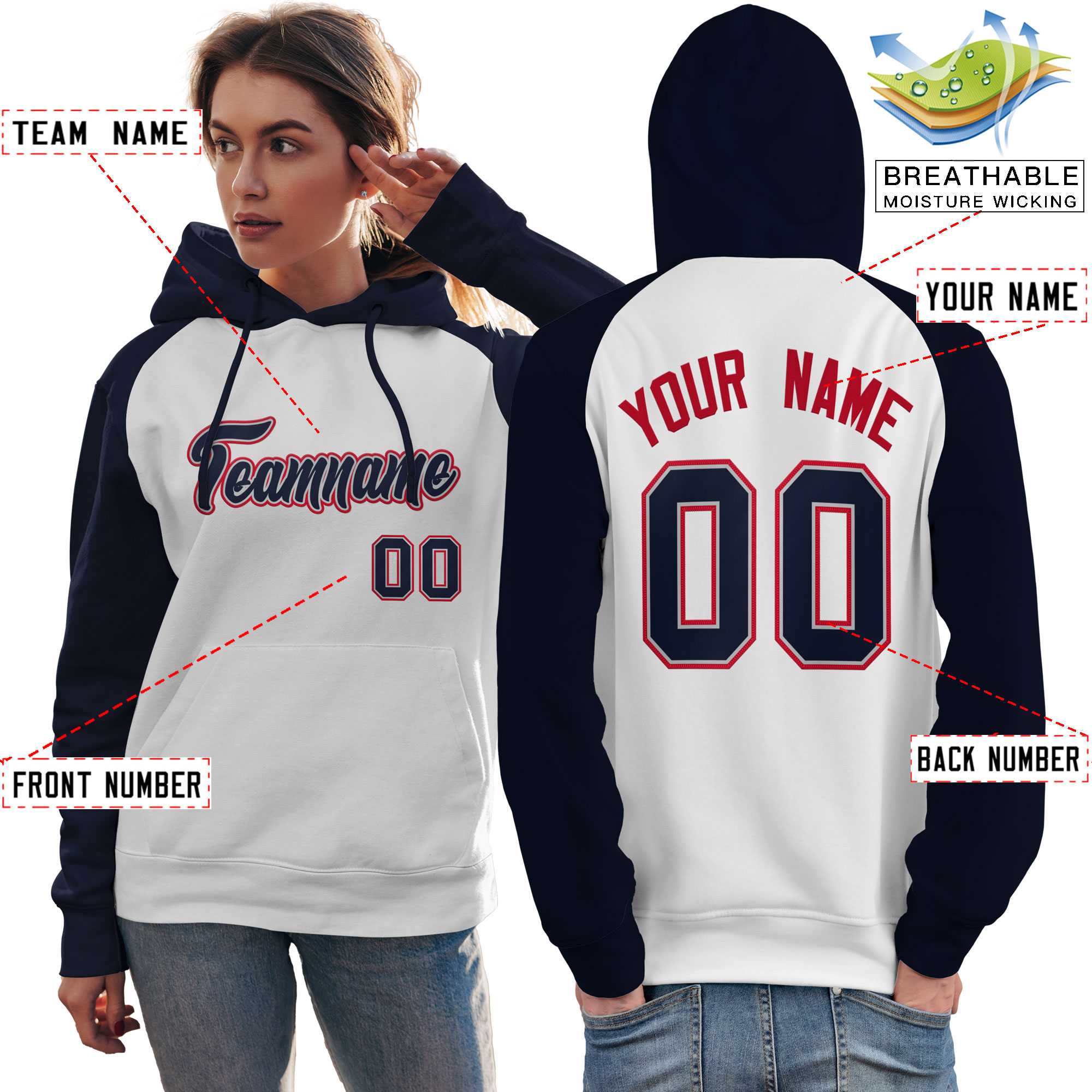 Custom Stitched White Navy Raglan Sleeves Sports Pullover Sweatshirt Hoodie For Women