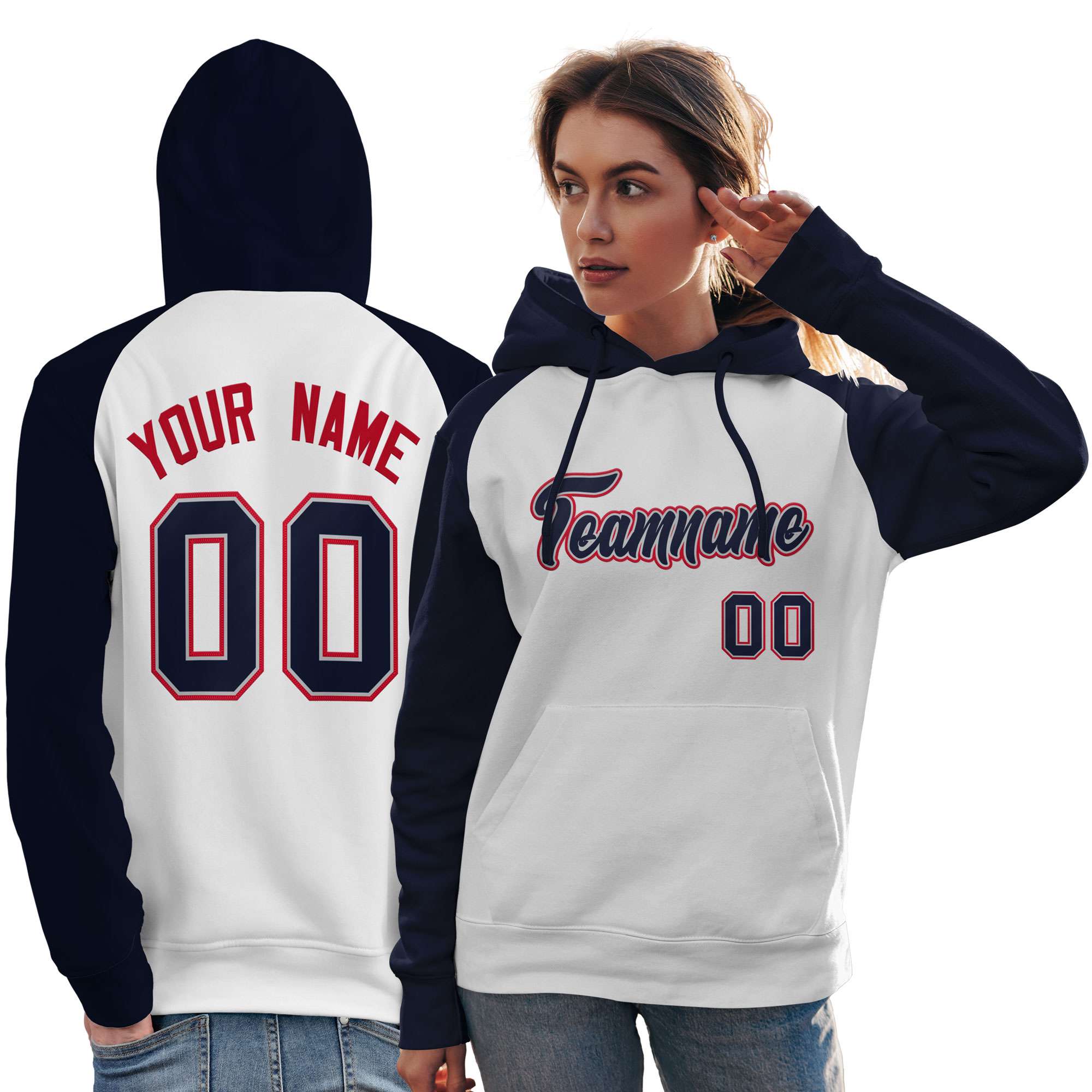 Custom Stitched White Navy Raglan Sleeves Sports Pullover Sweatshirt Hoodie For Women