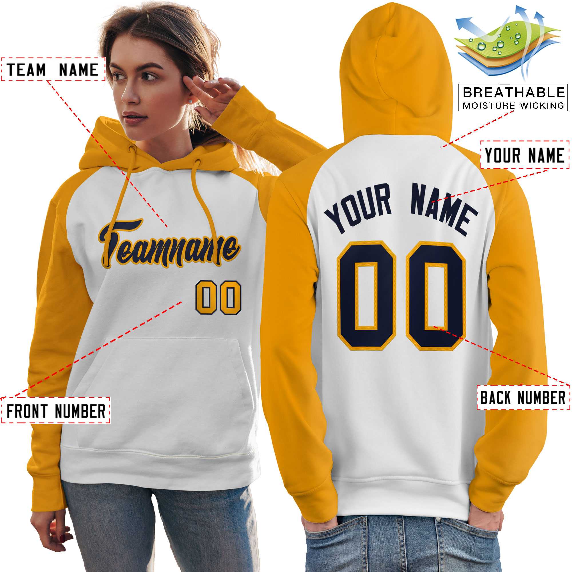 Custom Stitched White Gold-Navy Raglan Sleeves Sports Pullover Sweatshirt Hoodie For Women