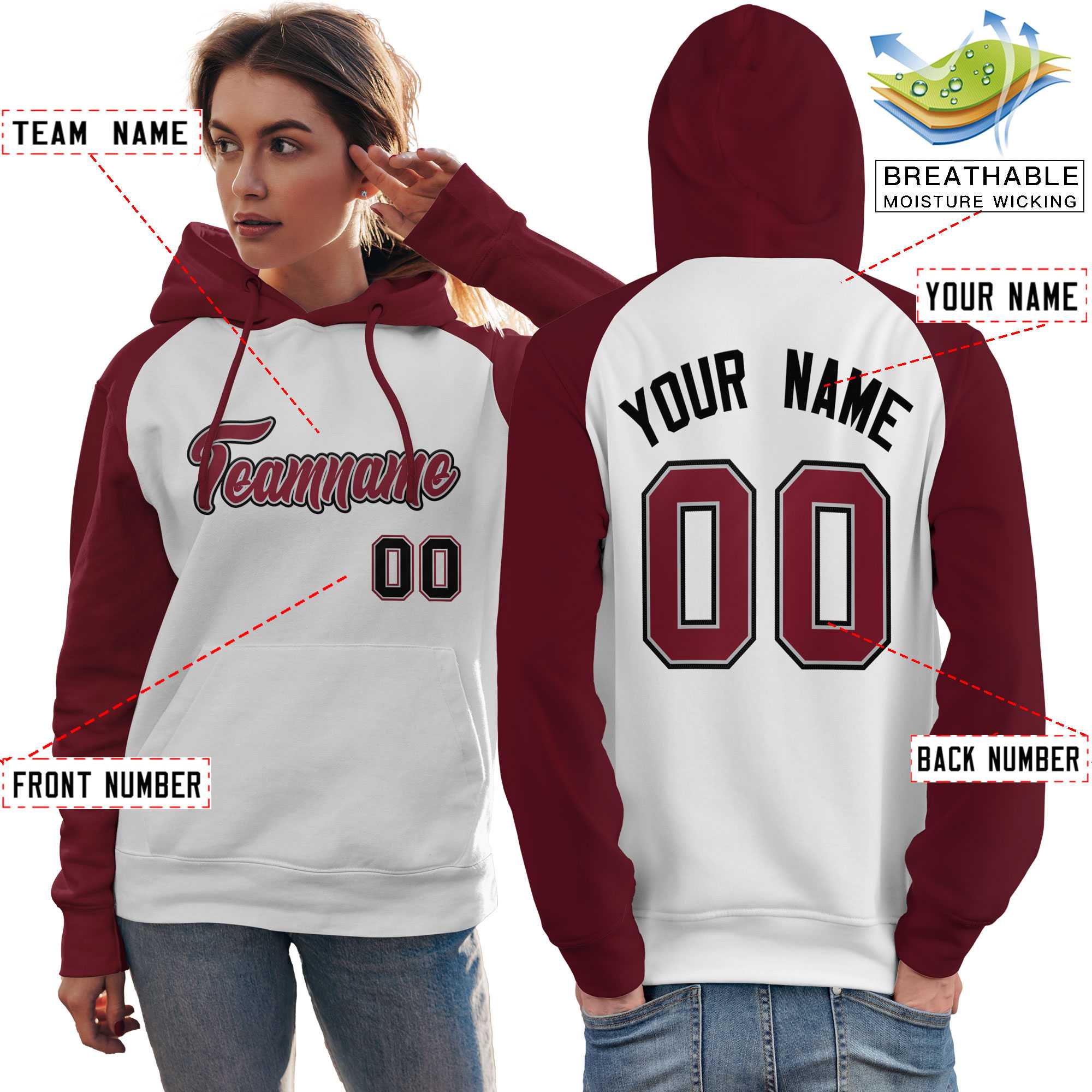 Custom Stitched White Crimson Raglan Sleeves Sports Pullover Sweatshirt Hoodie For Women