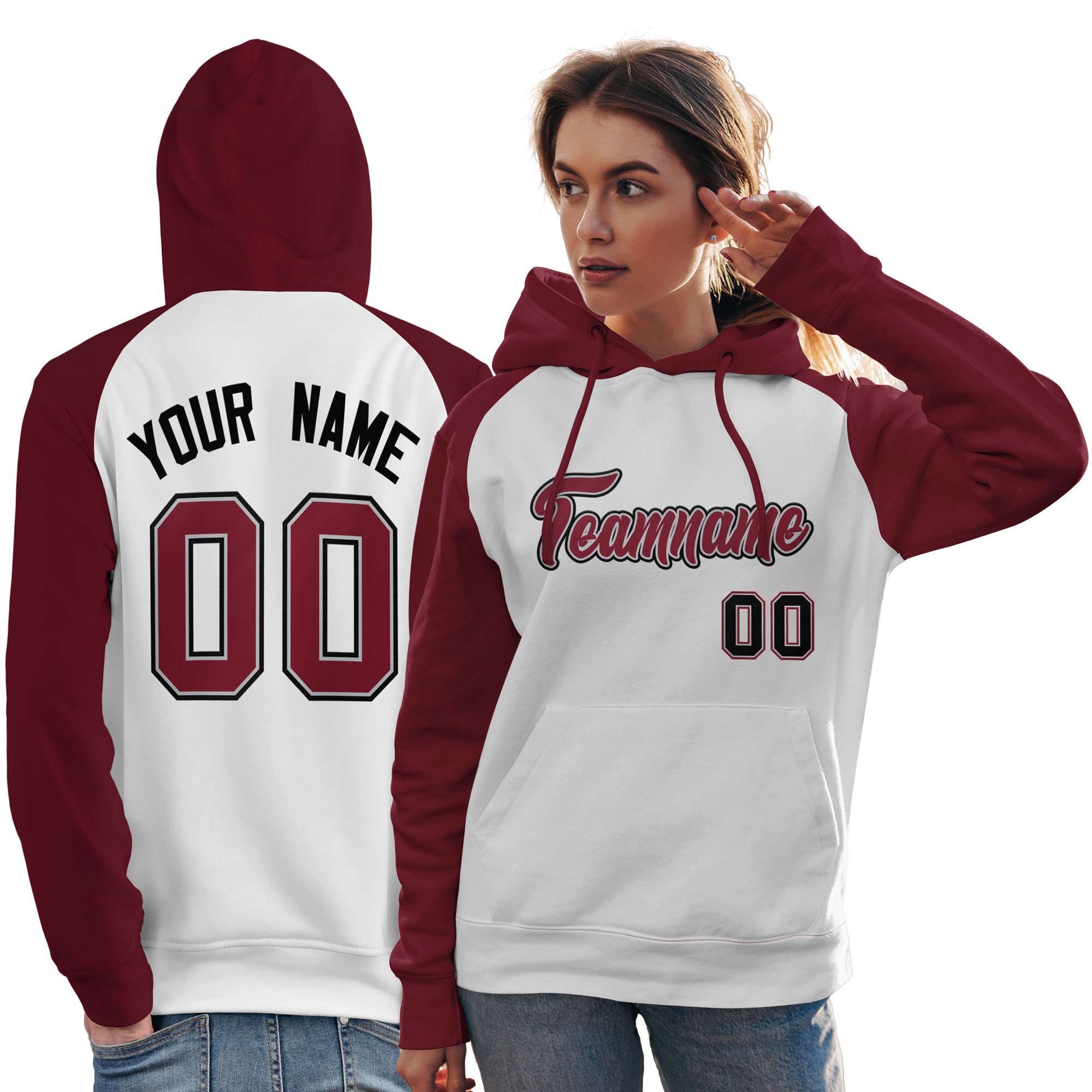 Custom Stitched White Crimson Raglan Sleeves Sports Pullover Sweatshirt Hoodie For Women