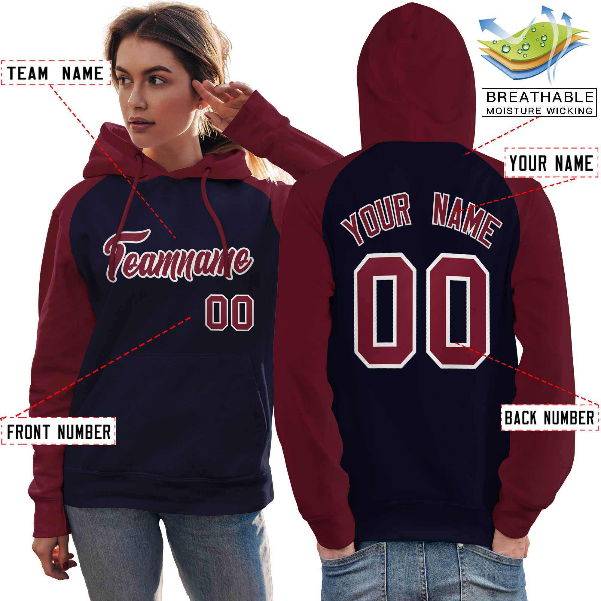 Custom Stitched Navy Crimson Raglan Sleeves Sports Pullover Sweatshirt Hoodie For Women