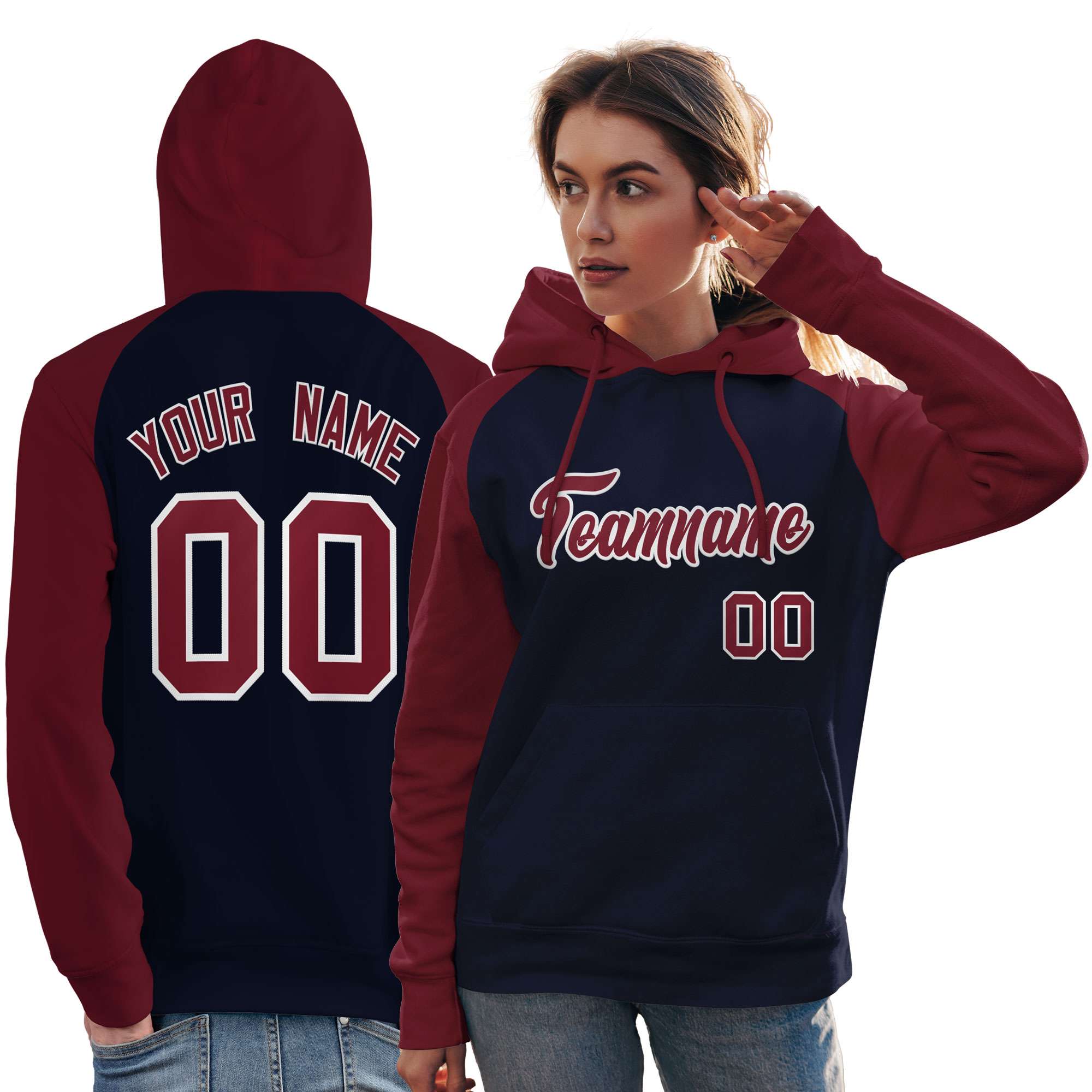 Custom Stitched Navy Crimson Raglan Sleeves Sports Pullover Sweatshirt Hoodie For Women