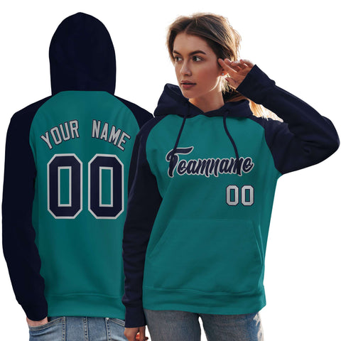 Custom Stitched Aqua Navy Raglan Sleeves Sports Pullover Sweatshirt Hoodie For Women