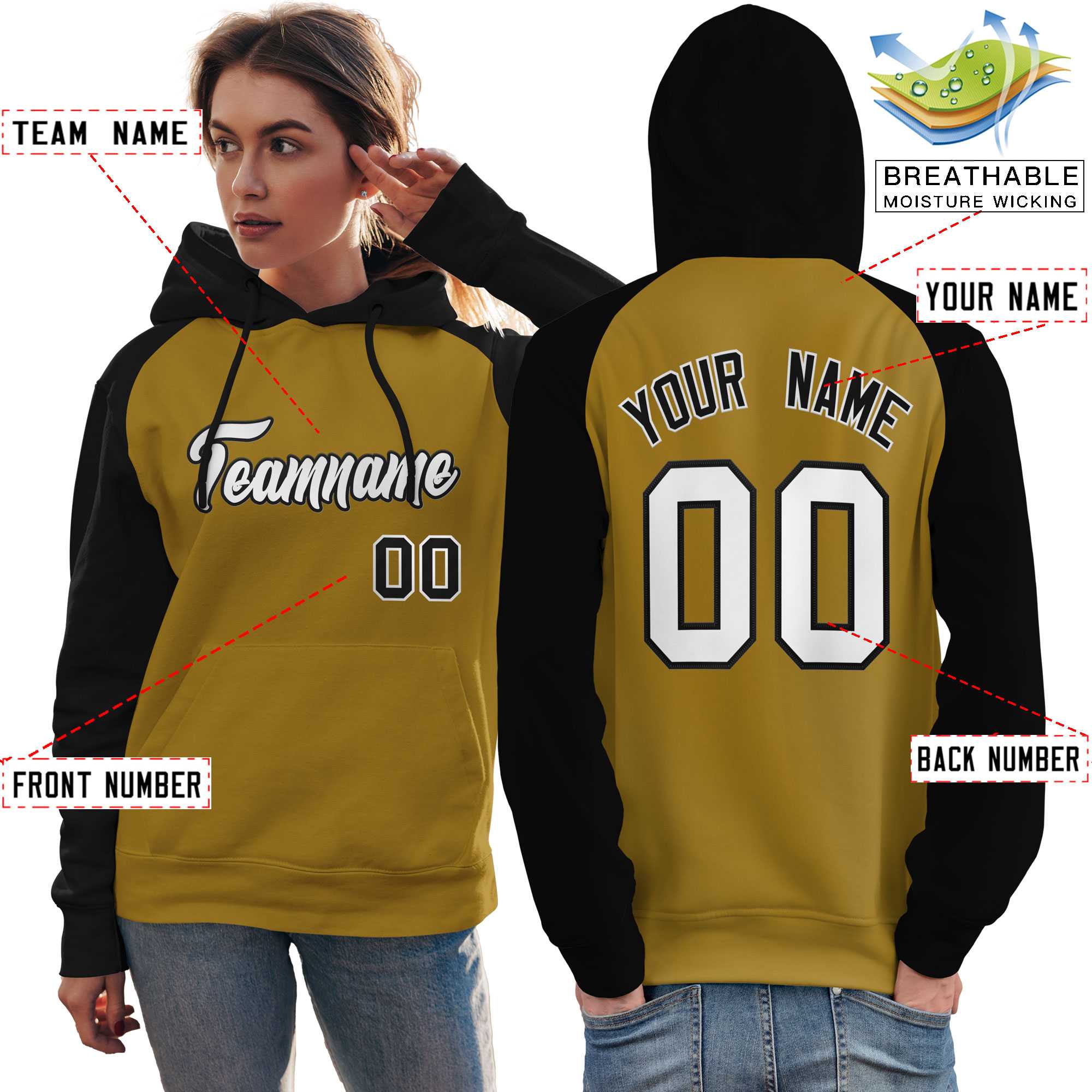 Custom Stitched Old Gold Black-White Raglan Sleeves Sports Pullover Sweatshirt Hoodie For Women