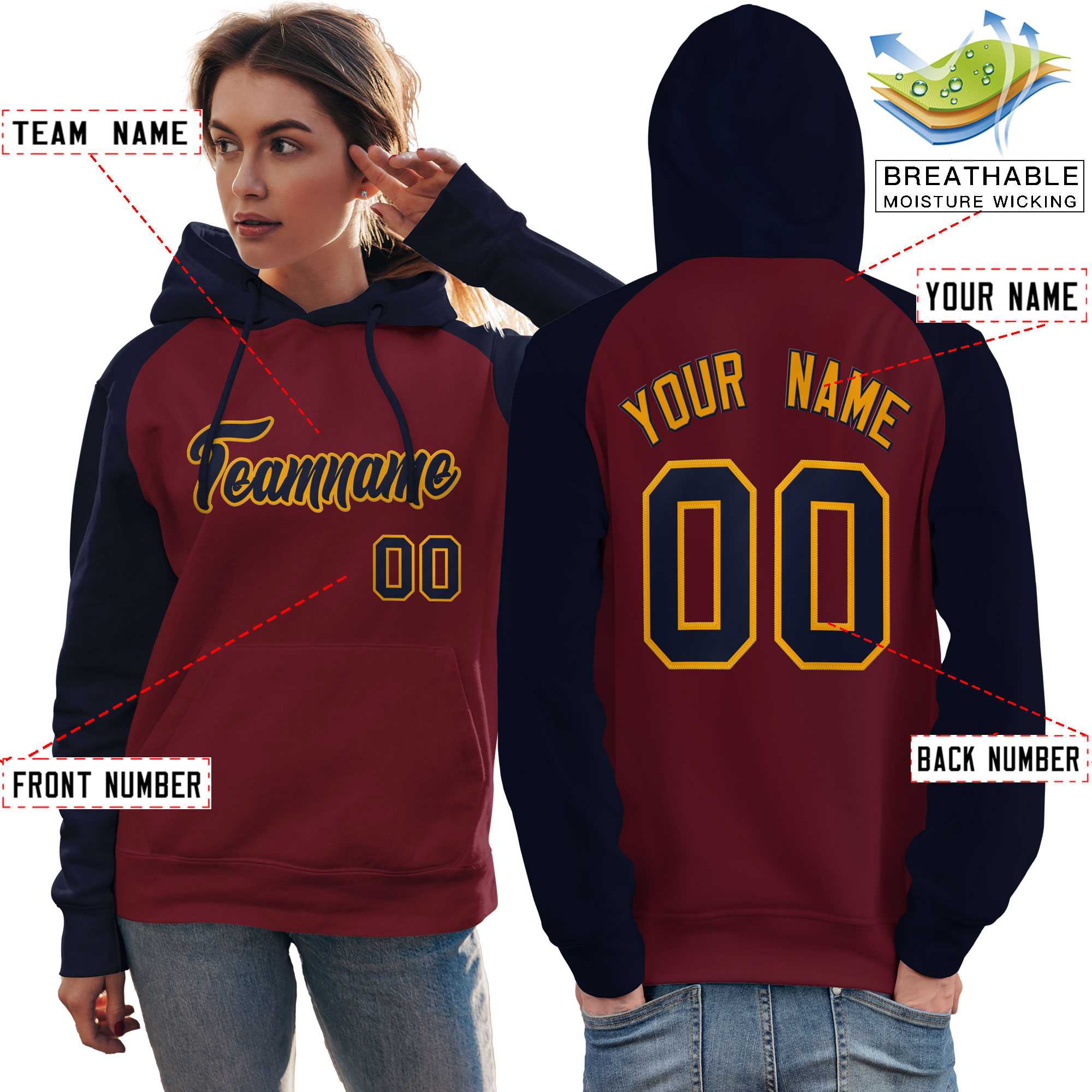 Custom Stitched Crimson Navy Raglan Sleeves Sports Pullover Sweatshirt Hoodie For Women