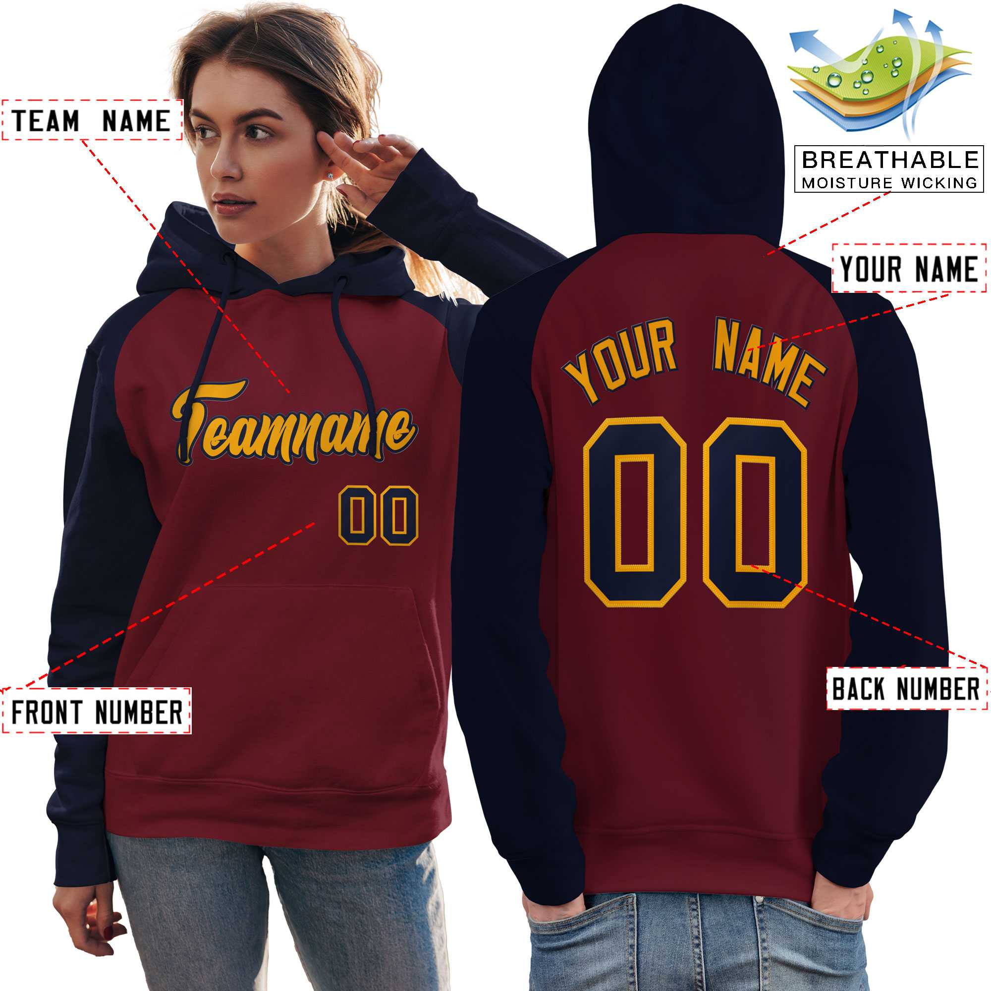 Custom Stitched Crimson Navy-Gold Raglan Sleeves Sports Pullover Sweatshirt Hoodie For Women