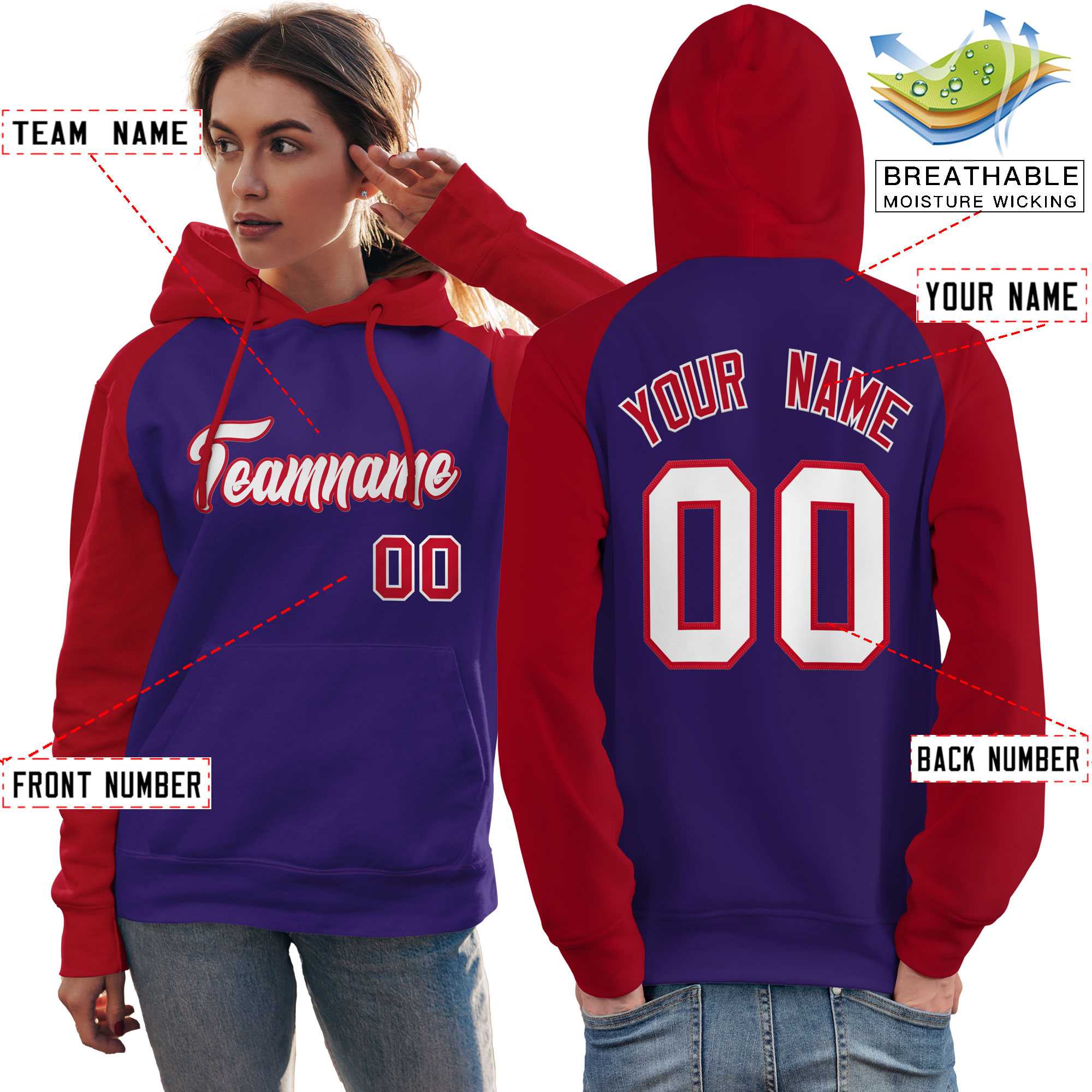 Custom Stitched Purple Red-White Raglan Sleeves Sports Pullover Sweatshirt Hoodie For Women