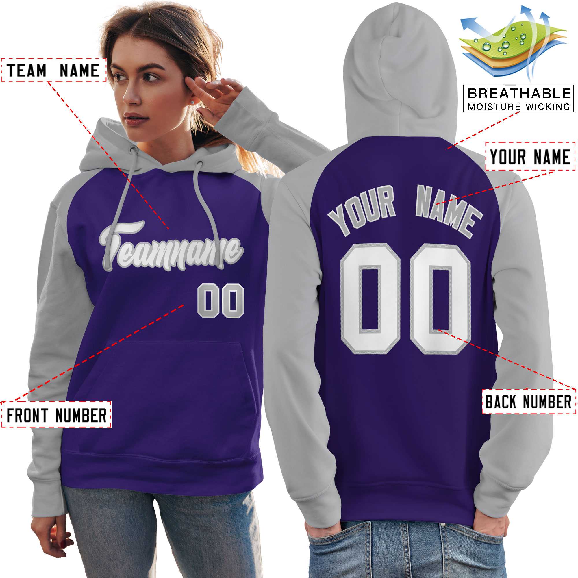 Custom Stitched Purple Gray-White Raglan Sleeves Sports Pullover Sweatshirt Hoodie For Women