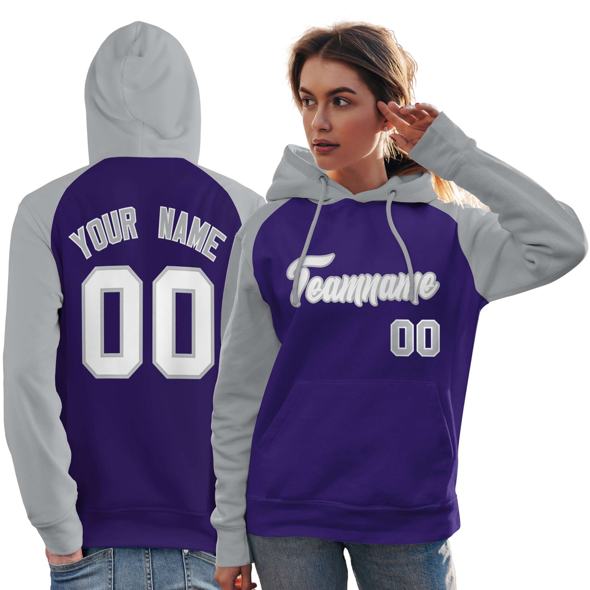 Custom Stitched Purple Gray-White Raglan Sleeves Sports Pullover Sweatshirt Hoodie For Women