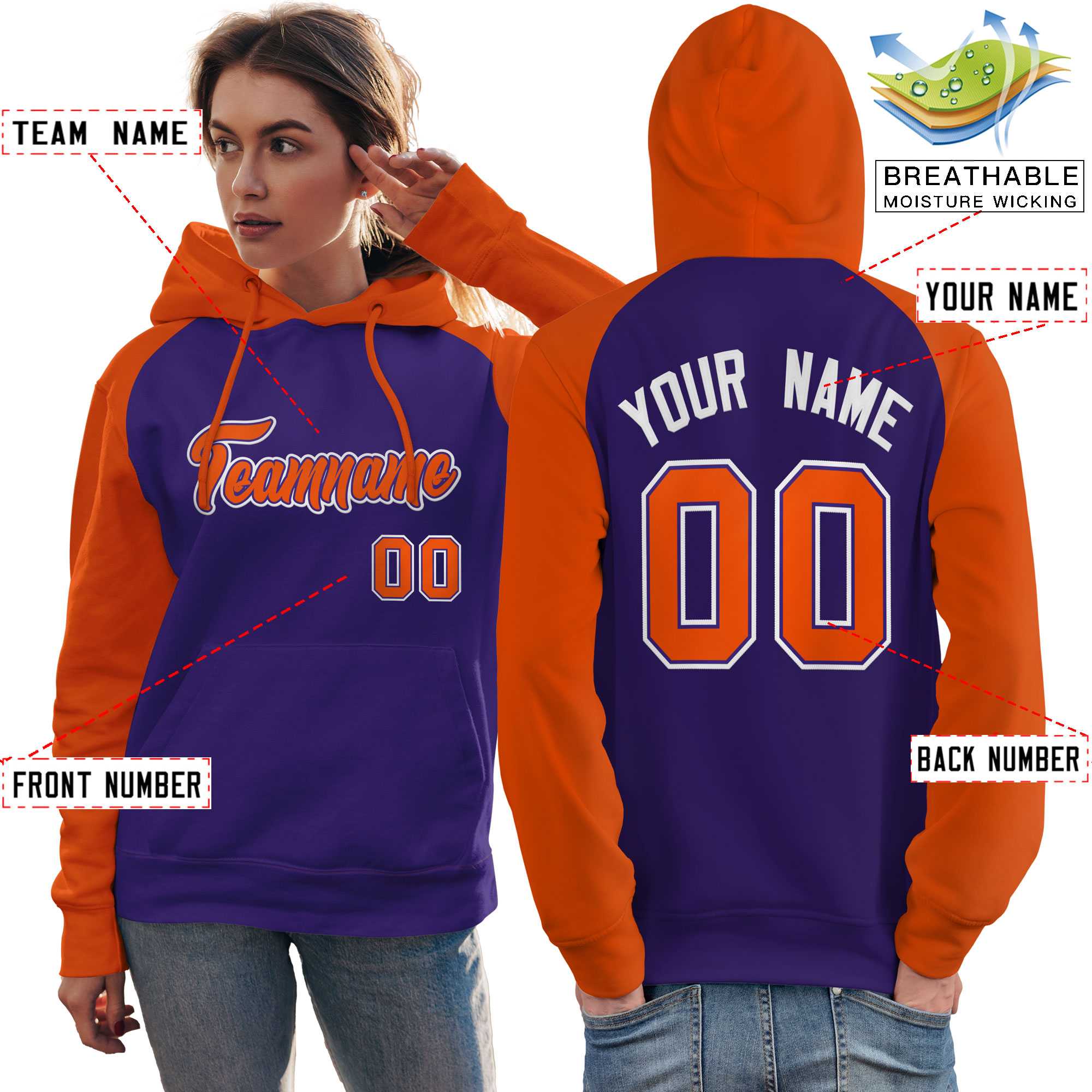 Custom Stitched Purple Orange Raglan Sleeves Sports Pullover Sweatshirt Hoodie For Women