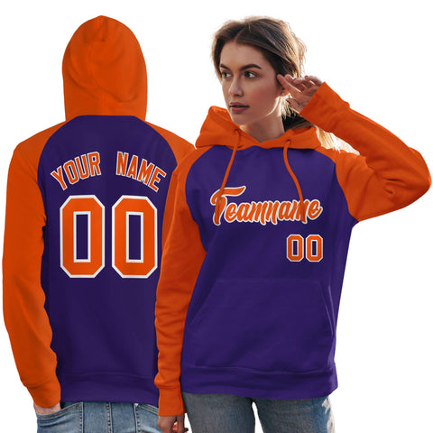 Custom Stitched Purple Orange Raglan Sleeves Sports Pullover Sweatshirt Hoodie For Women