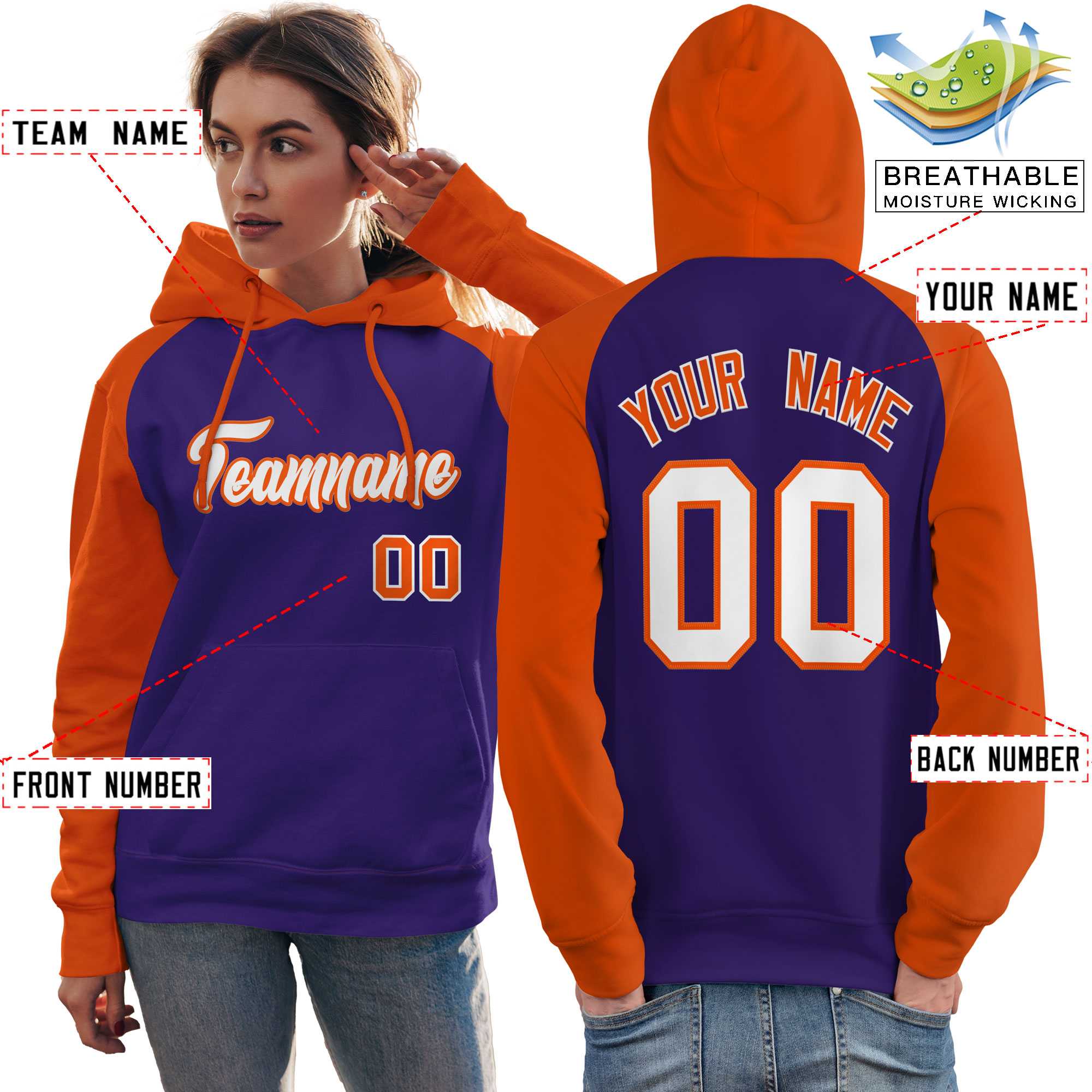 Custom Stitched Purple Orange-White Raglan Sleeves Sports Pullover Sweatshirt Hoodie For Women