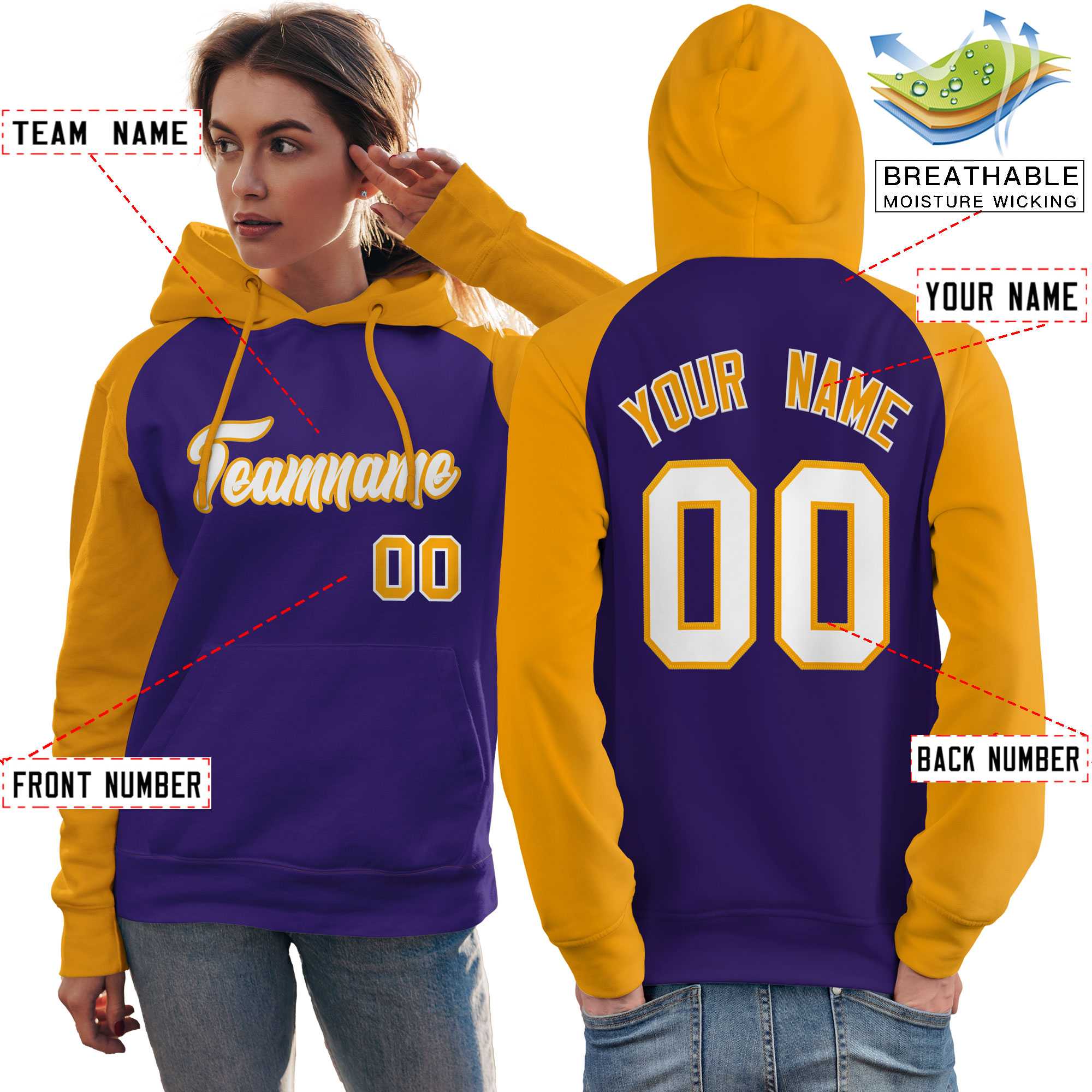 Custom Stitched Purple Gold-White Raglan Sleeves Sports Pullover Sweatshirt Hoodie For Women