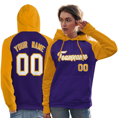 Custom Stitched Purple Gold-White Raglan Sleeves Sports Pullover Sweatshirt Hoodie For Women