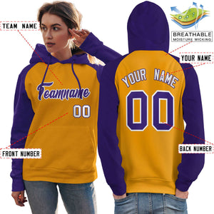 Custom Stitched Gold Purple Raglan Sleeves Sports Pullover Sweatshirt Hoodie For Women