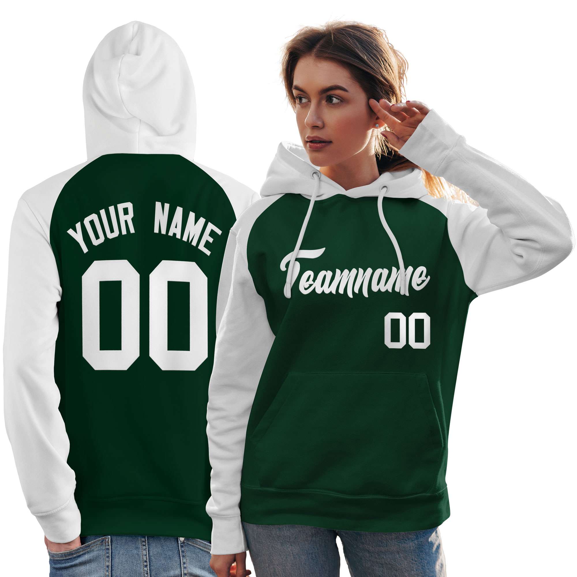 Custom Stitched Green White Raglan Sleeves Sports Pullover Sweatshirt Hoodie For Women