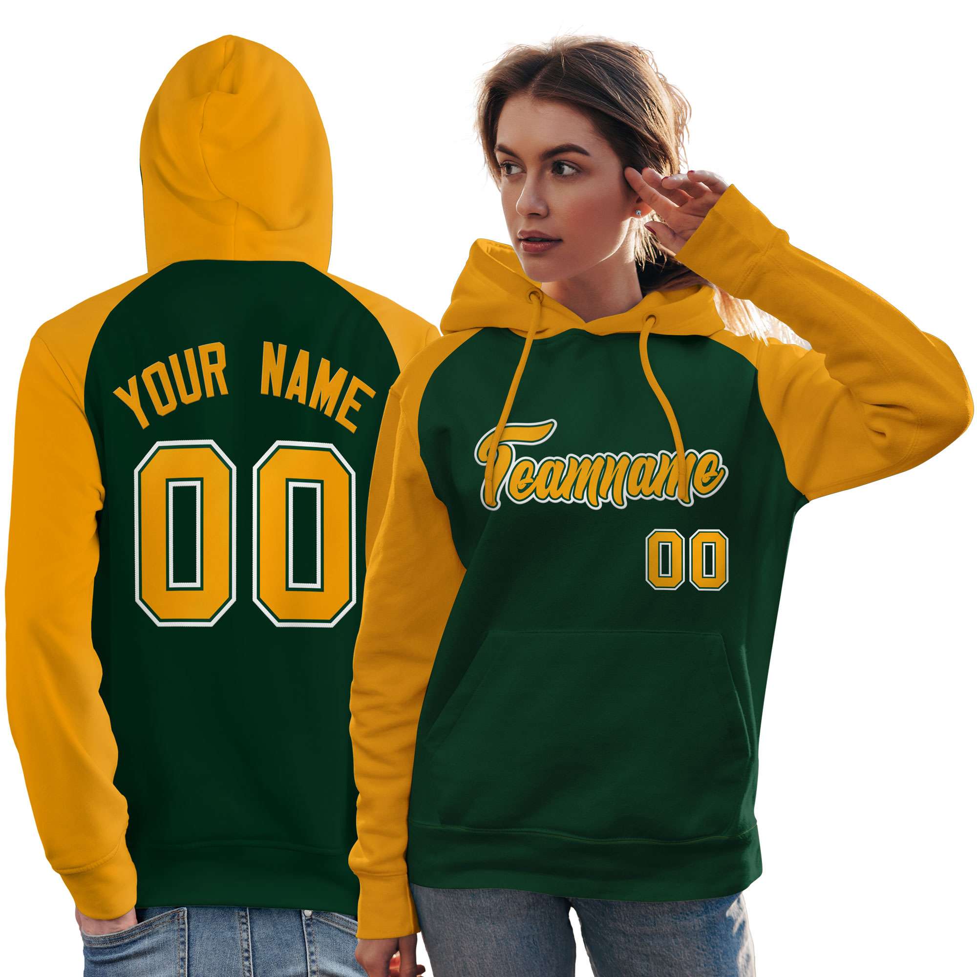 Custom Stitched Green Gold Raglan Sleeves Sports Pullover Sweatshirt Hoodie For Women