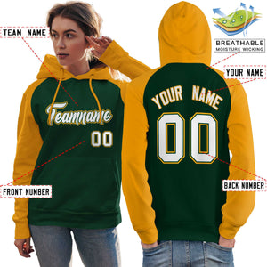 Custom Stitched Green Gold-White Raglan Sleeves Sports Pullover Sweatshirt Hoodie For Women