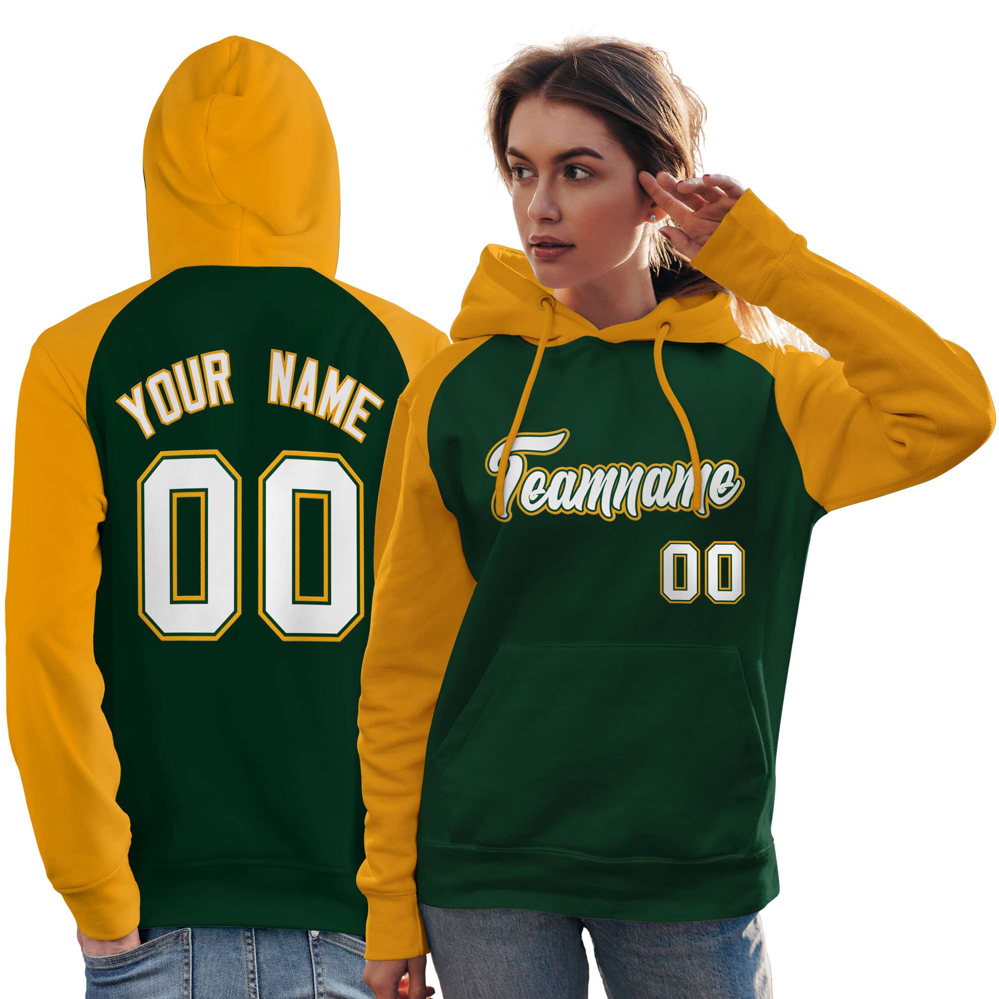 Custom Stitched Green Gold-White Raglan Sleeves Sports Pullover Sweatshirt Hoodie For Women