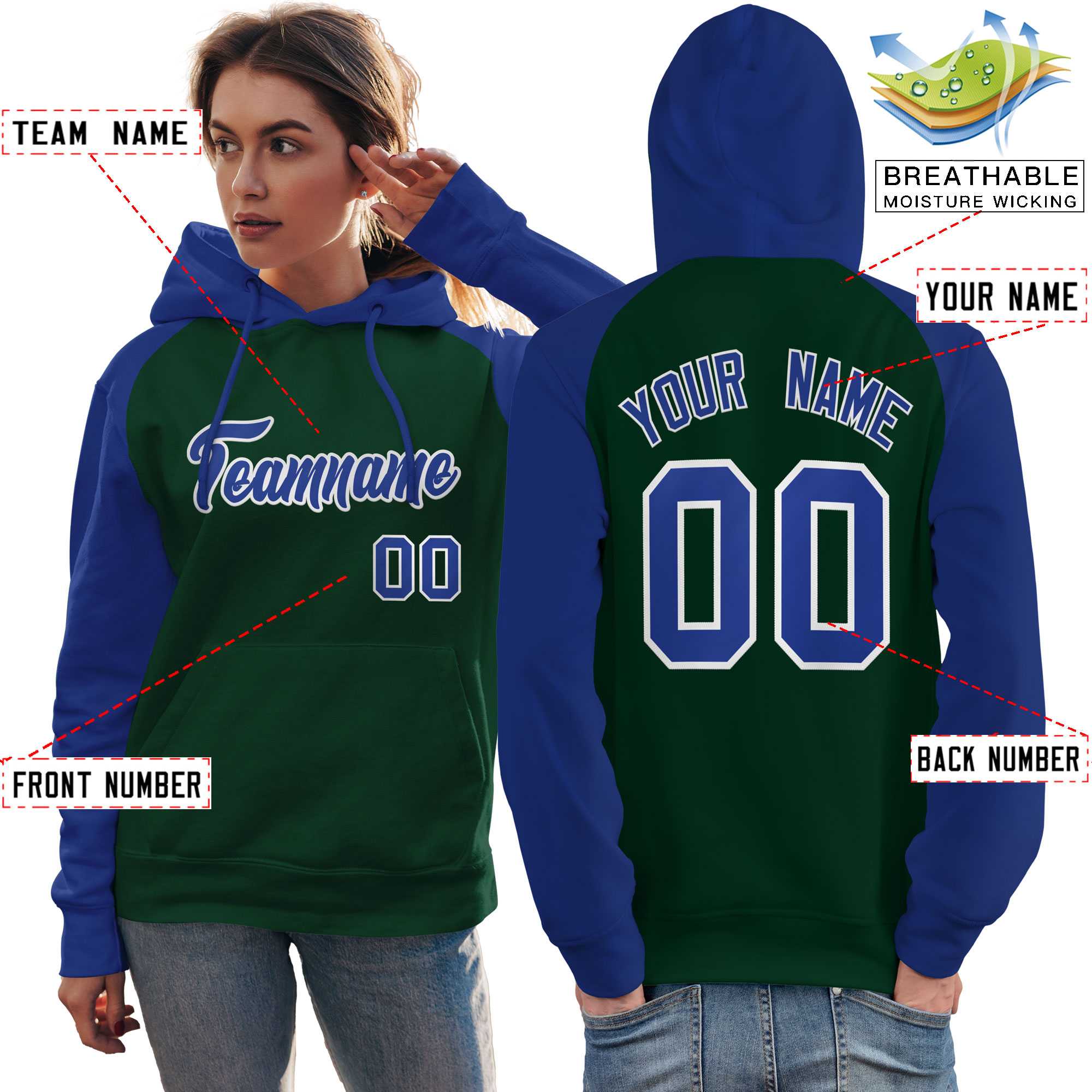 Custom Stitched Green Royal Raglan Sleeves Sports Pullover Sweatshirt Hoodie For Women