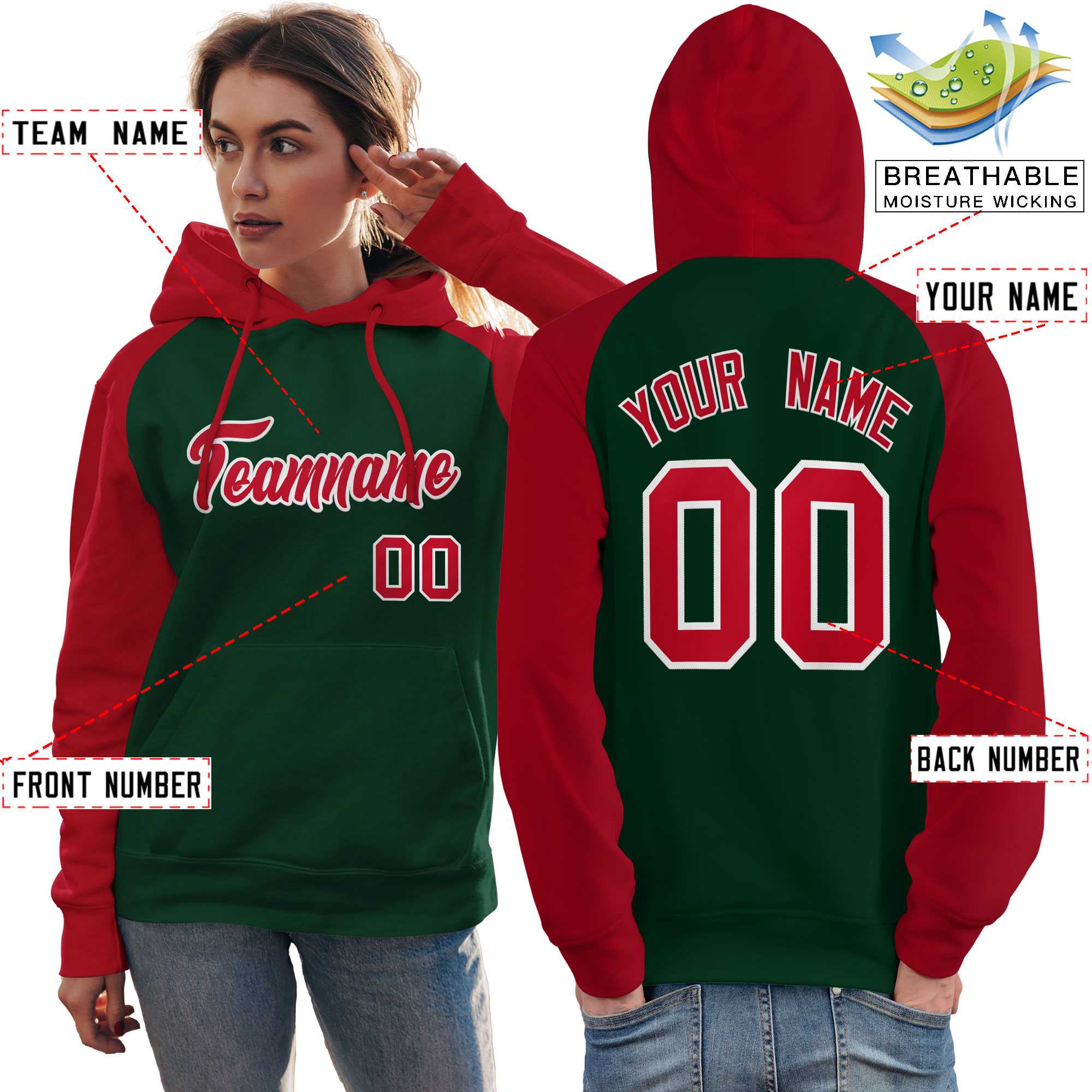 Custom Stitched Green Red Raglan Sleeves Sports Pullover Sweatshirt Hoodie For Women