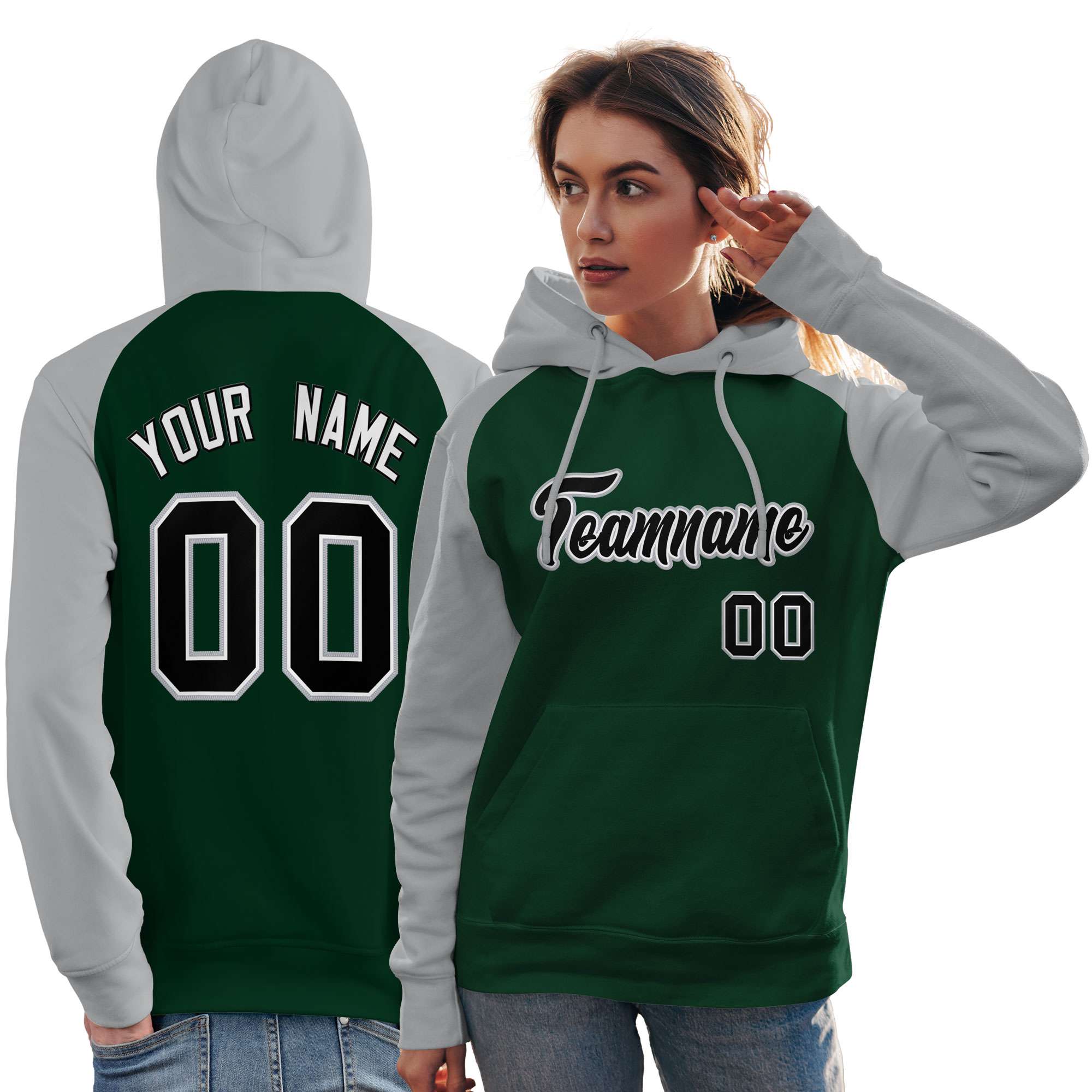 Custom Stitched Green Gray-Black Raglan Sleeves Sports Pullover Sweatshirt Hoodie For Women